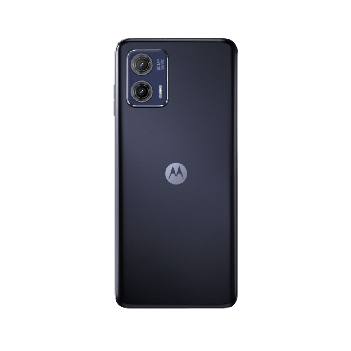 Teléfono Motorola azul oscuro con dos cámaras traseras y el logotipo de Motorola. La parte trasera es visible.