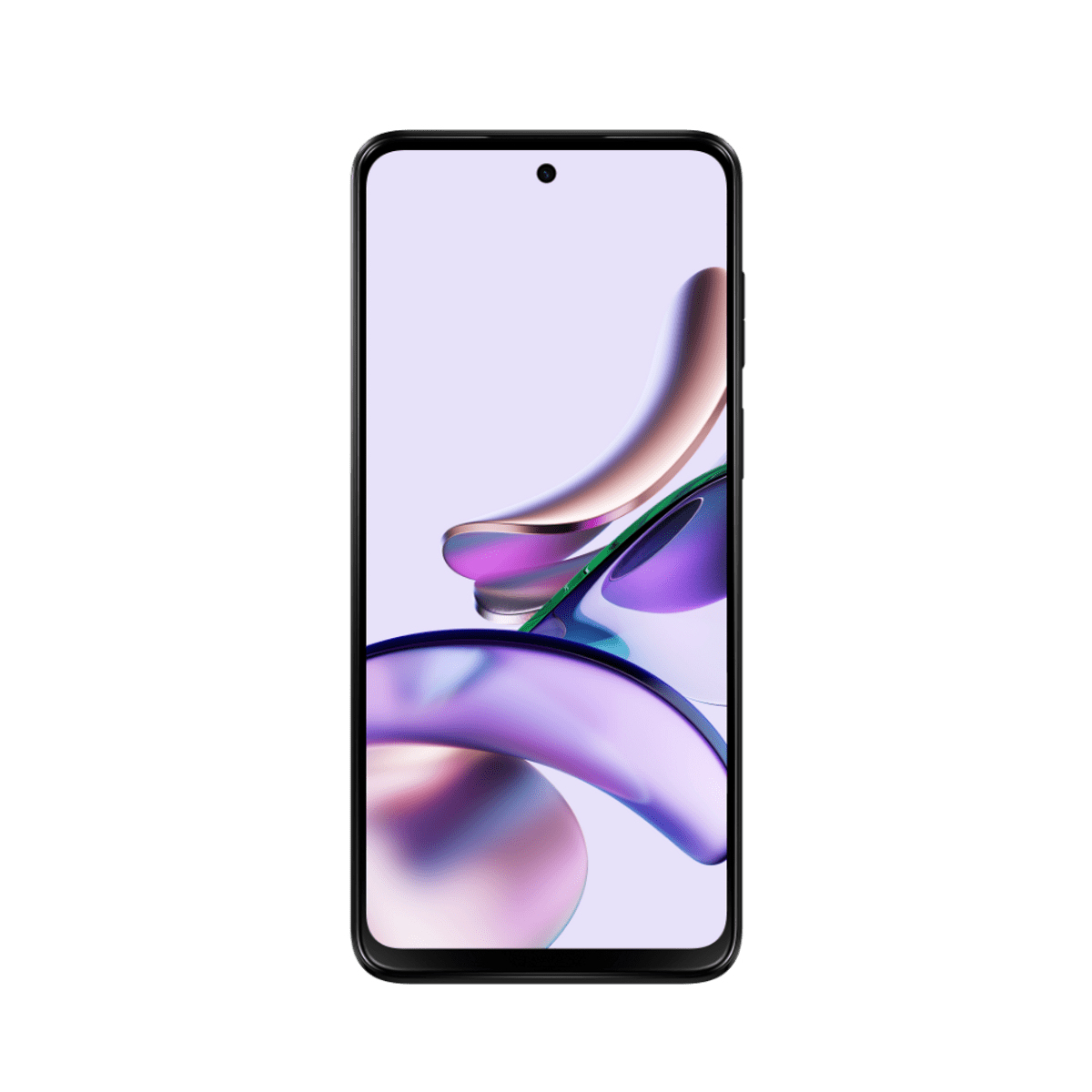Smartphone nero con schermo che mostra un design astratto viola e oro.