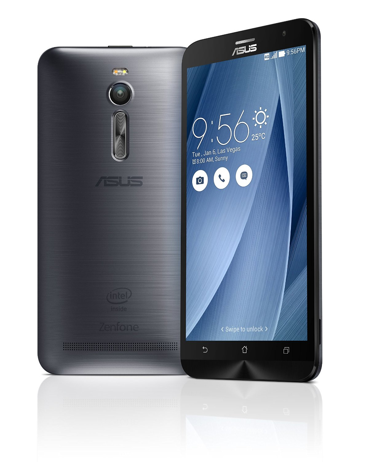 Smartphone con due viste. Fronte: schermo mostra ora e icone app. Retro: logo ASUS e Intel inside.
