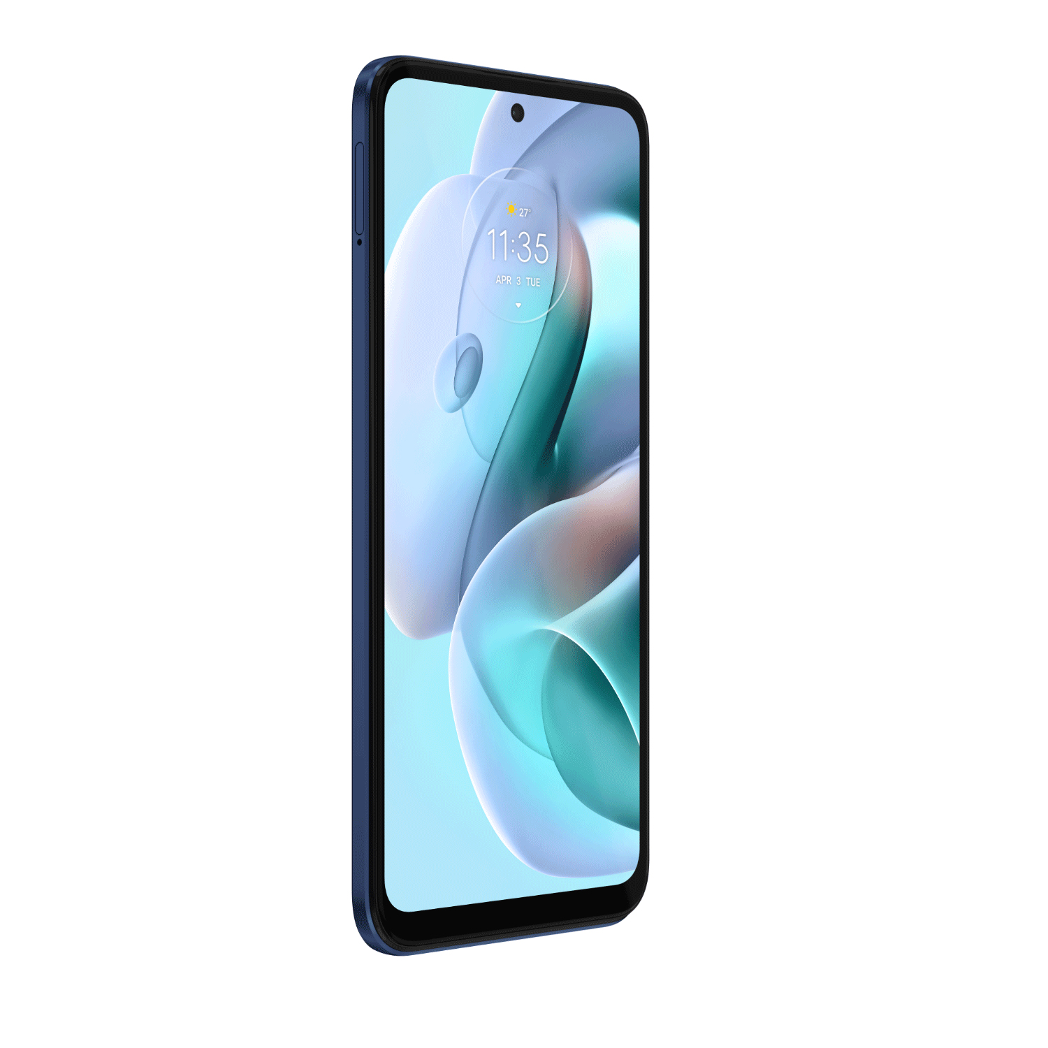 Niebieski smartfon pokazany pod kątem, z ekranem wyświetlającym godzinę i datę.