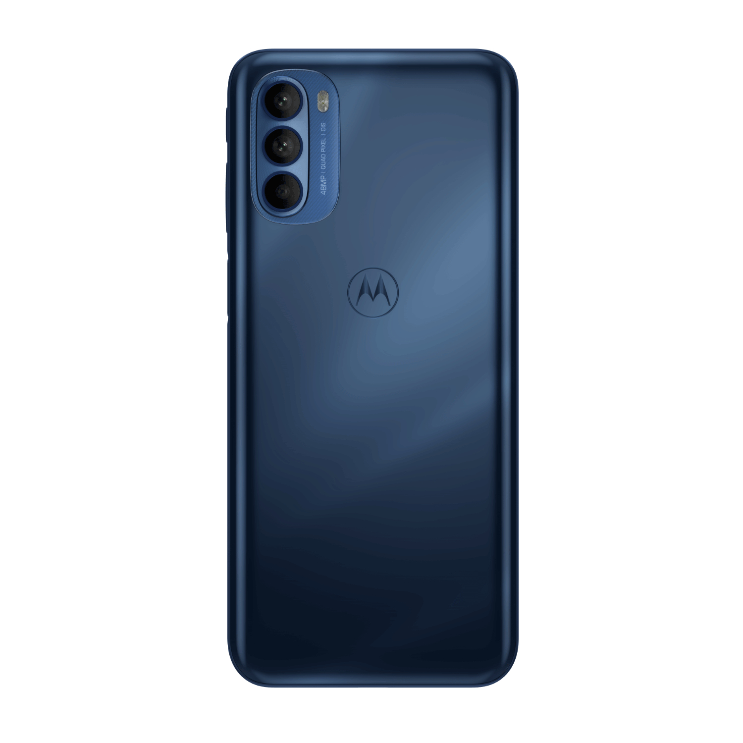 Niebieski tył smartfona z potrójnym aparatem i logo Motorola.