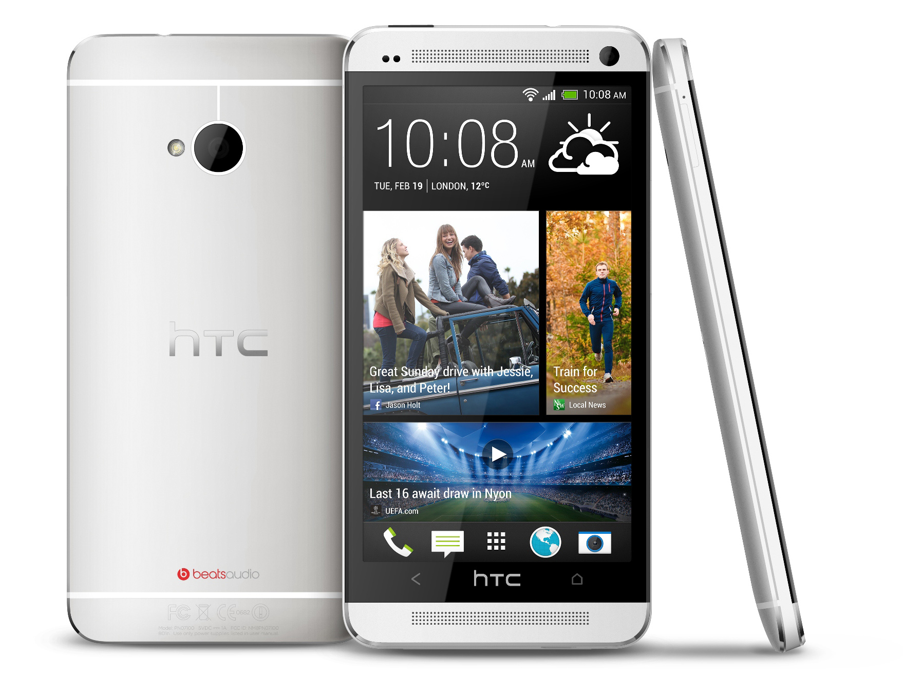 Ein weißes HTC-Telefon zeigt die Uhrzeit. Ein weiteres, silbernes Telefon befindet sich daneben.