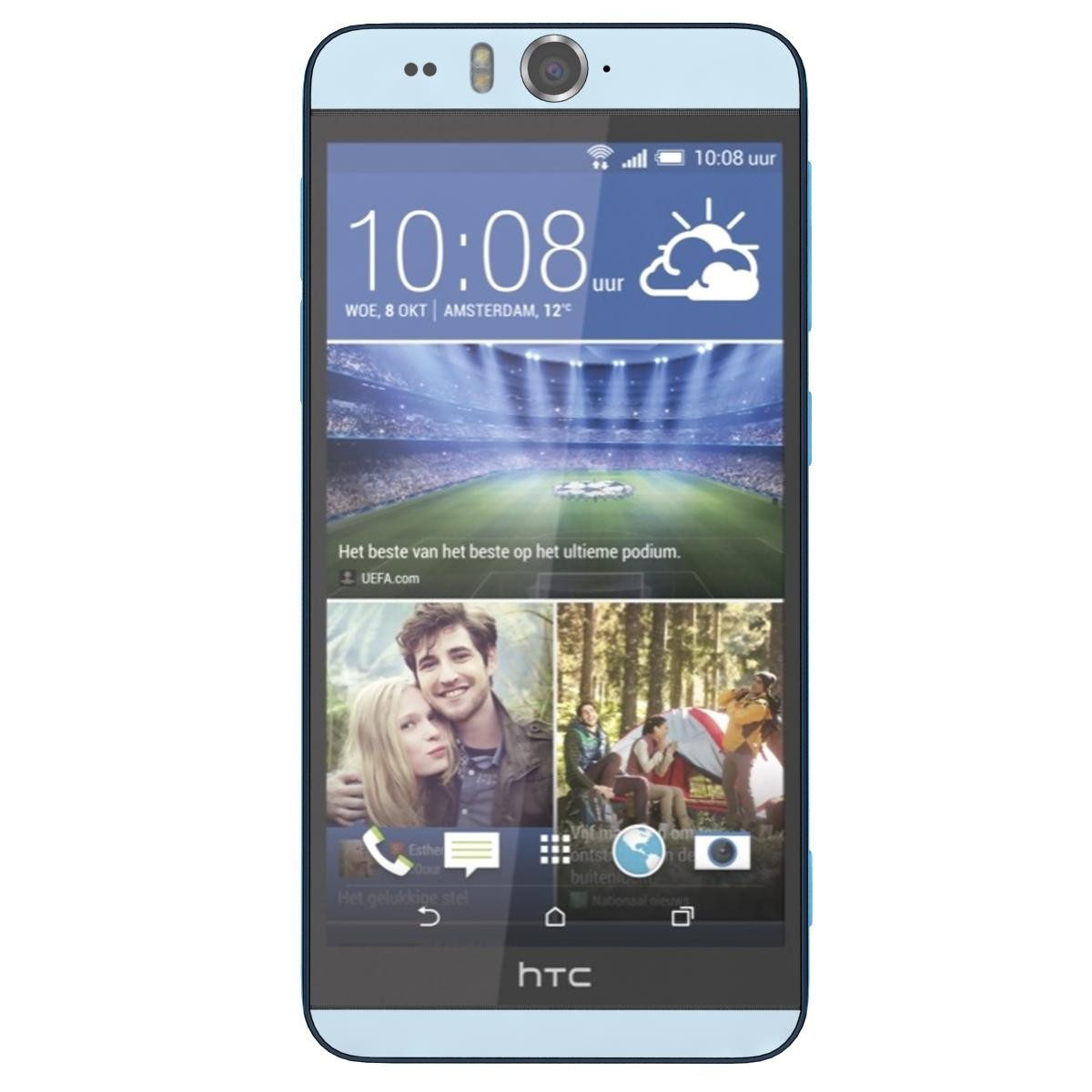Smartphone mit blau-weißem Gehäuse, zeigt ein Fußballspiel auf dem Bildschirm.