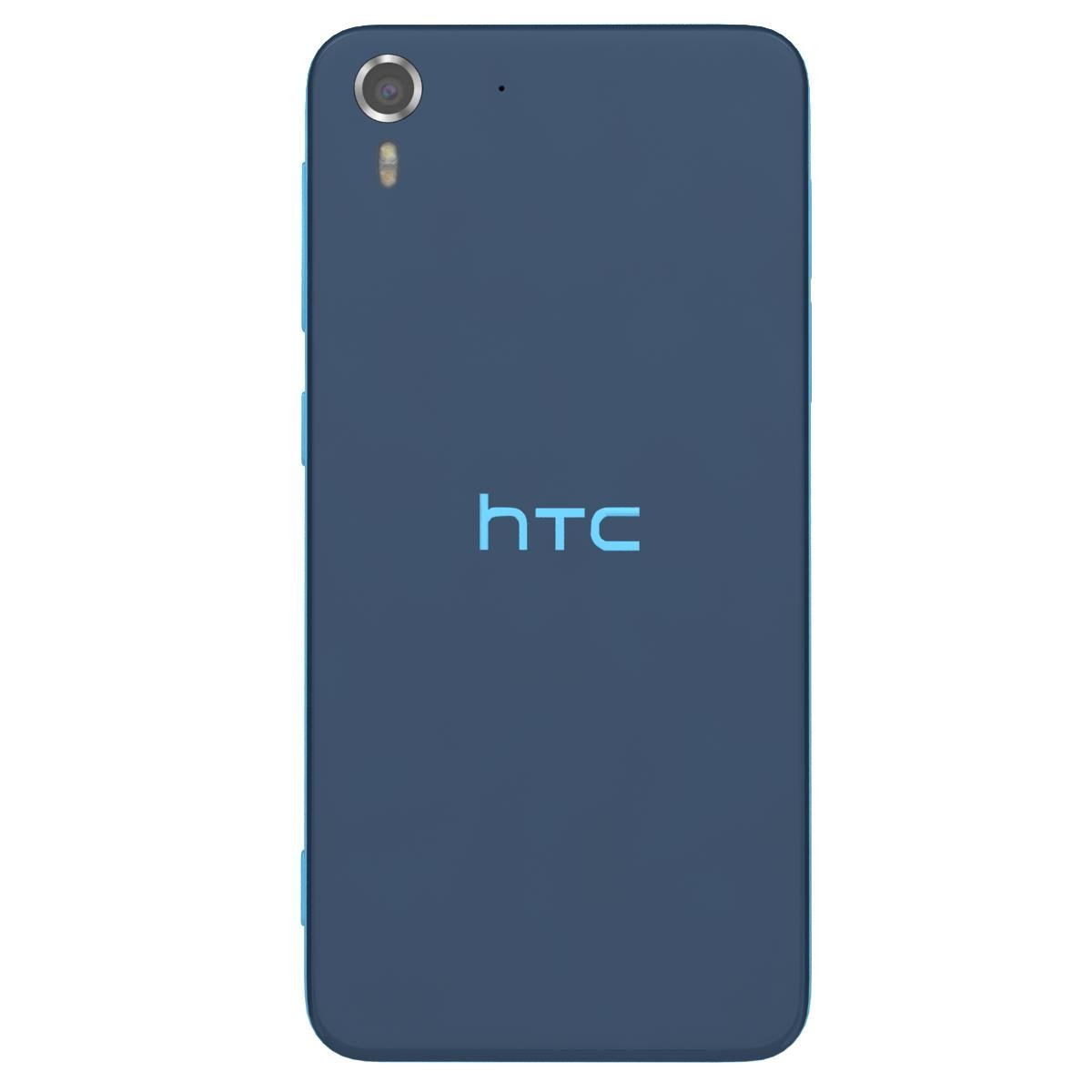 Ein marineblaues Telefon mit HTC-Logo. Eine Kameralinse befindet sich oben, das Telefon liegt auf weißem Grund.