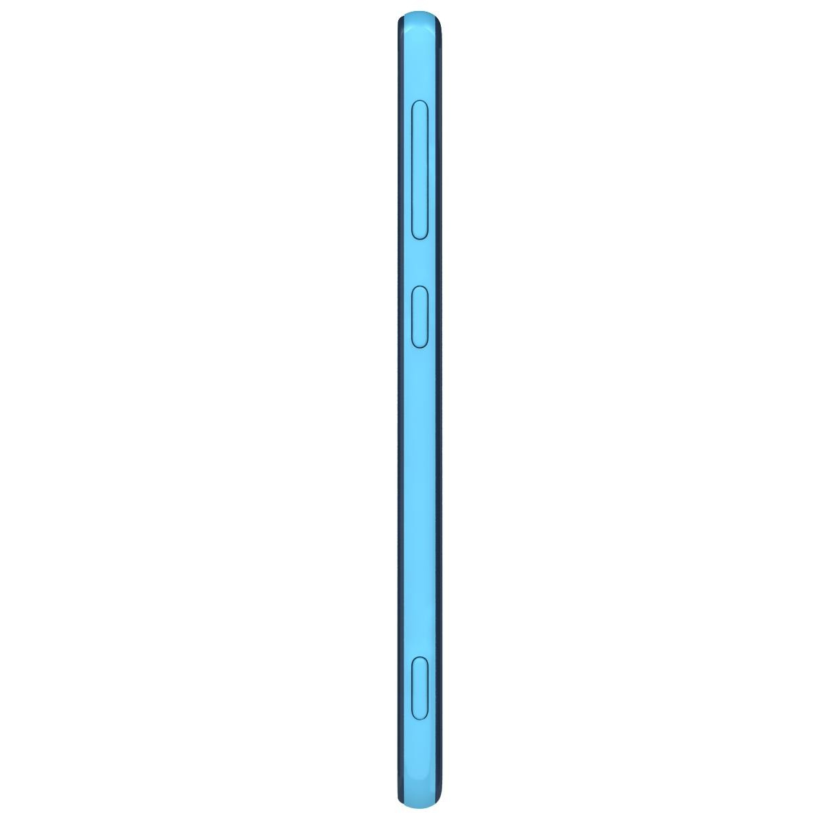 Blaue Telefon-Seitenansicht, Tasten und Anschlüsse zeigend, auf weißem Hintergrund.