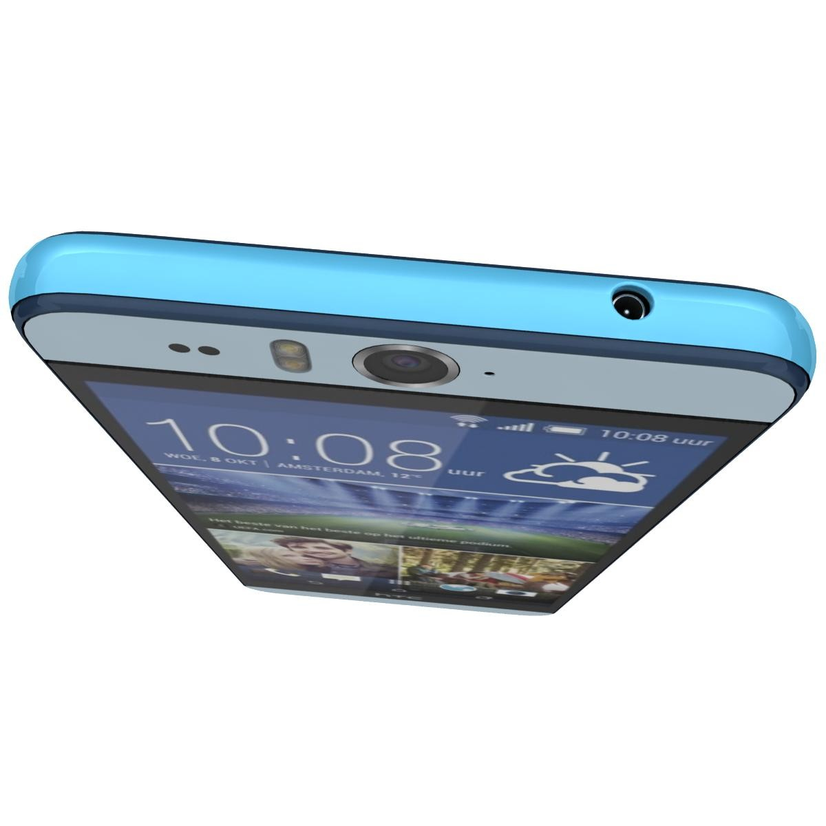Ein blaues Smartphone, abgewinkelt, das den Bildschirm mit Uhrzeit und Datum zeigt, auf weißem Hintergrund.