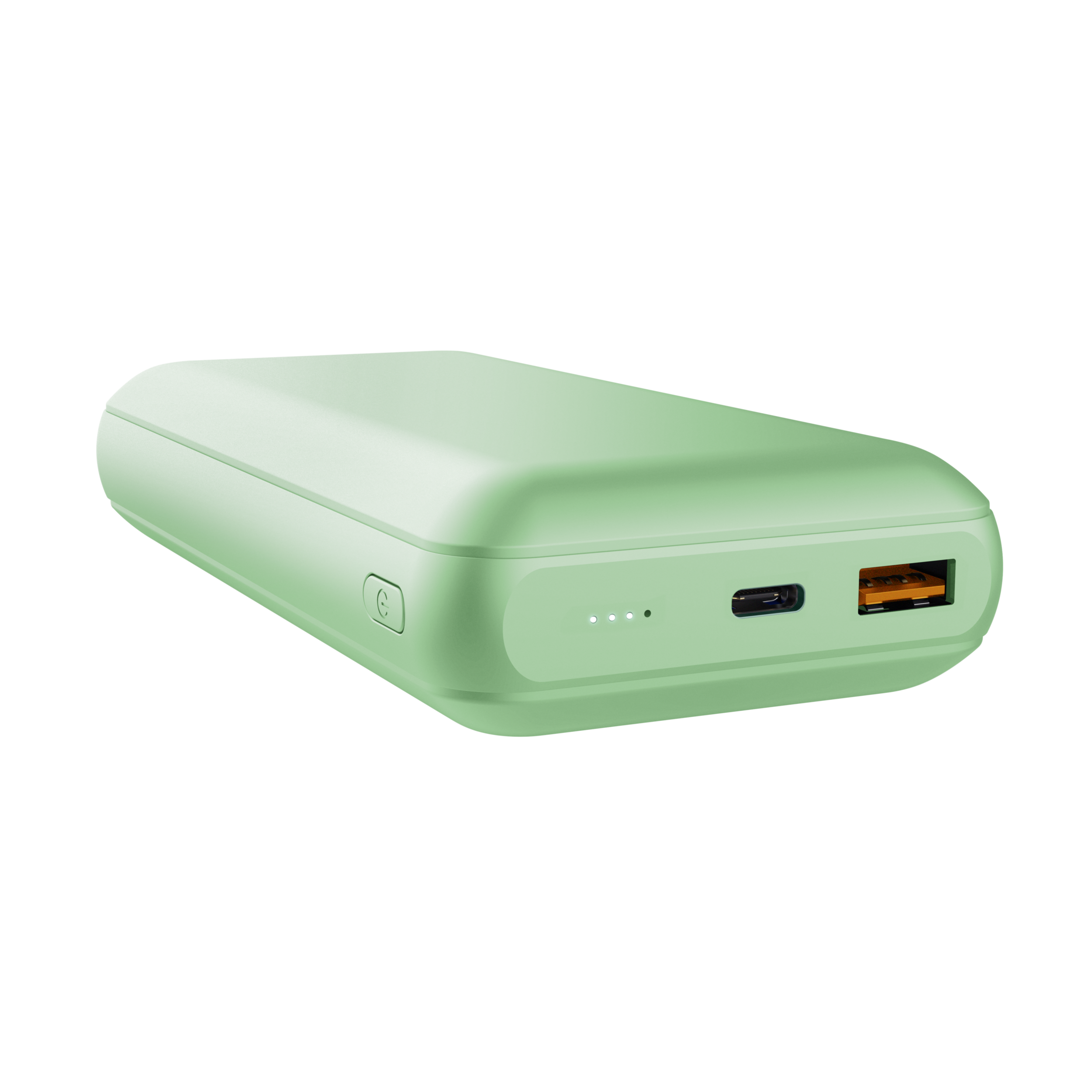 Een lichtgroene powerbank met een aan/uit-knop, vier indicatielampjes en een USB-poort.