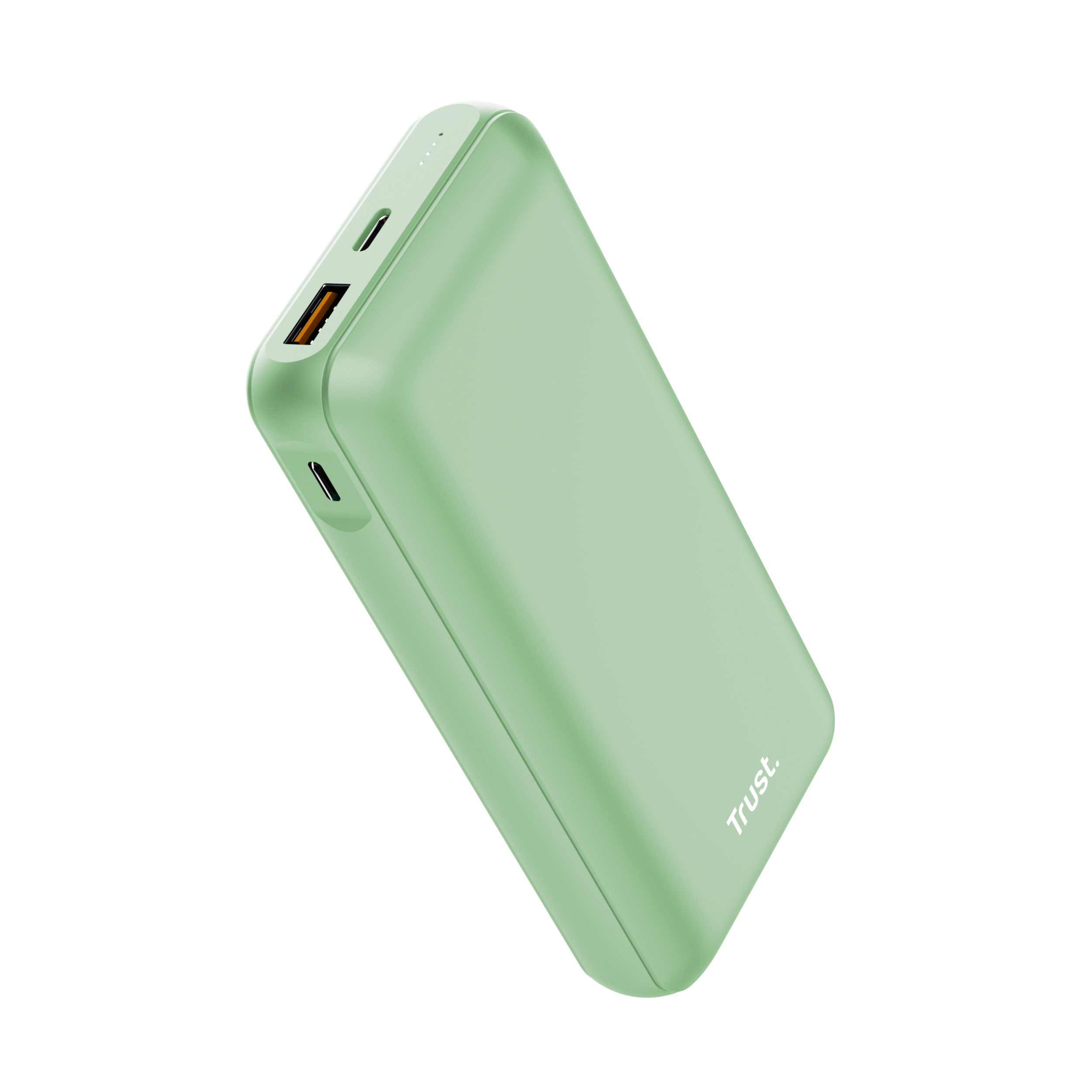 Een lichtgroene powerbank met USB- en USB-C-poorten. Het merk is Trust.