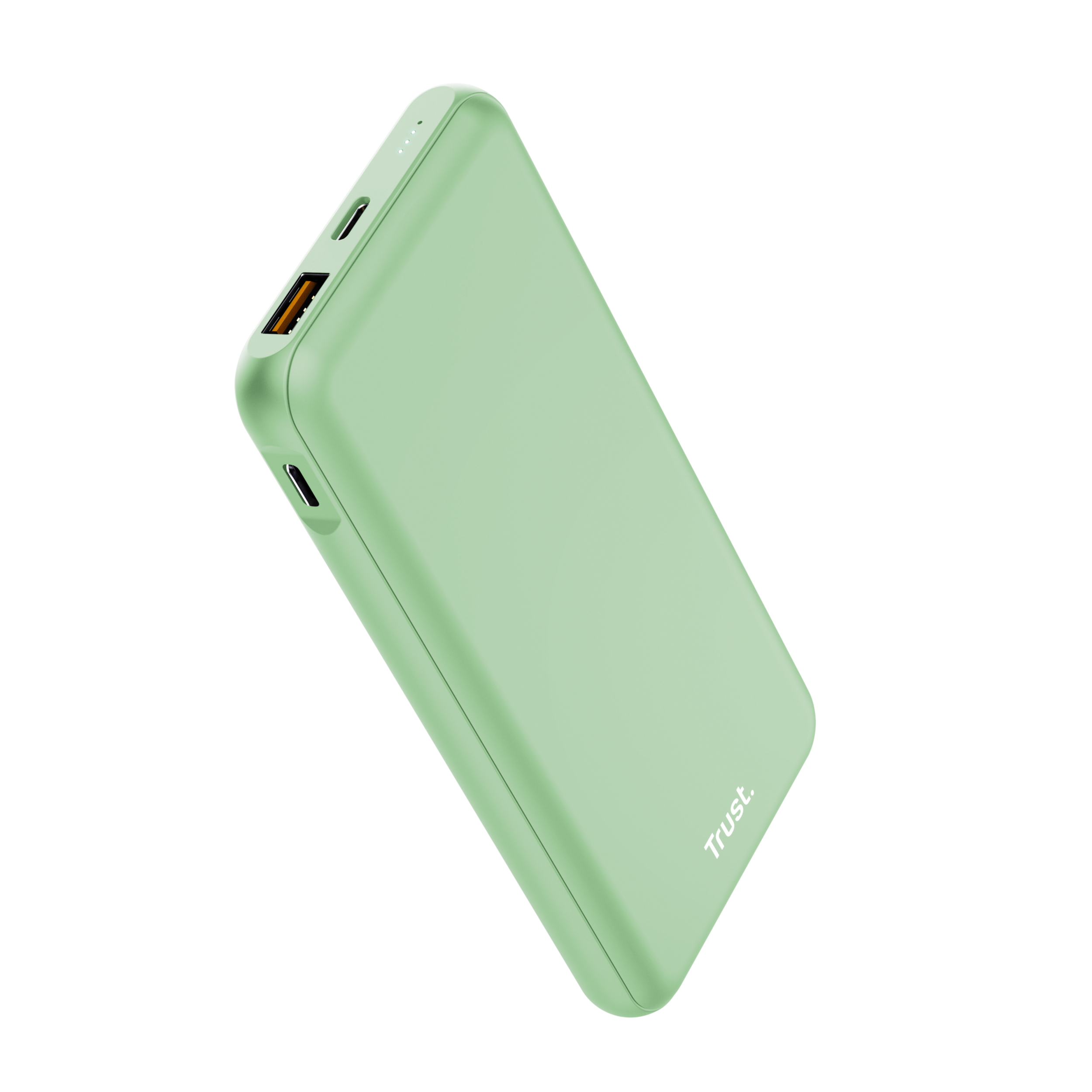 Un power bank verde chiaro su sfondo nero. Il power bank è angolato da sinistra a destra.