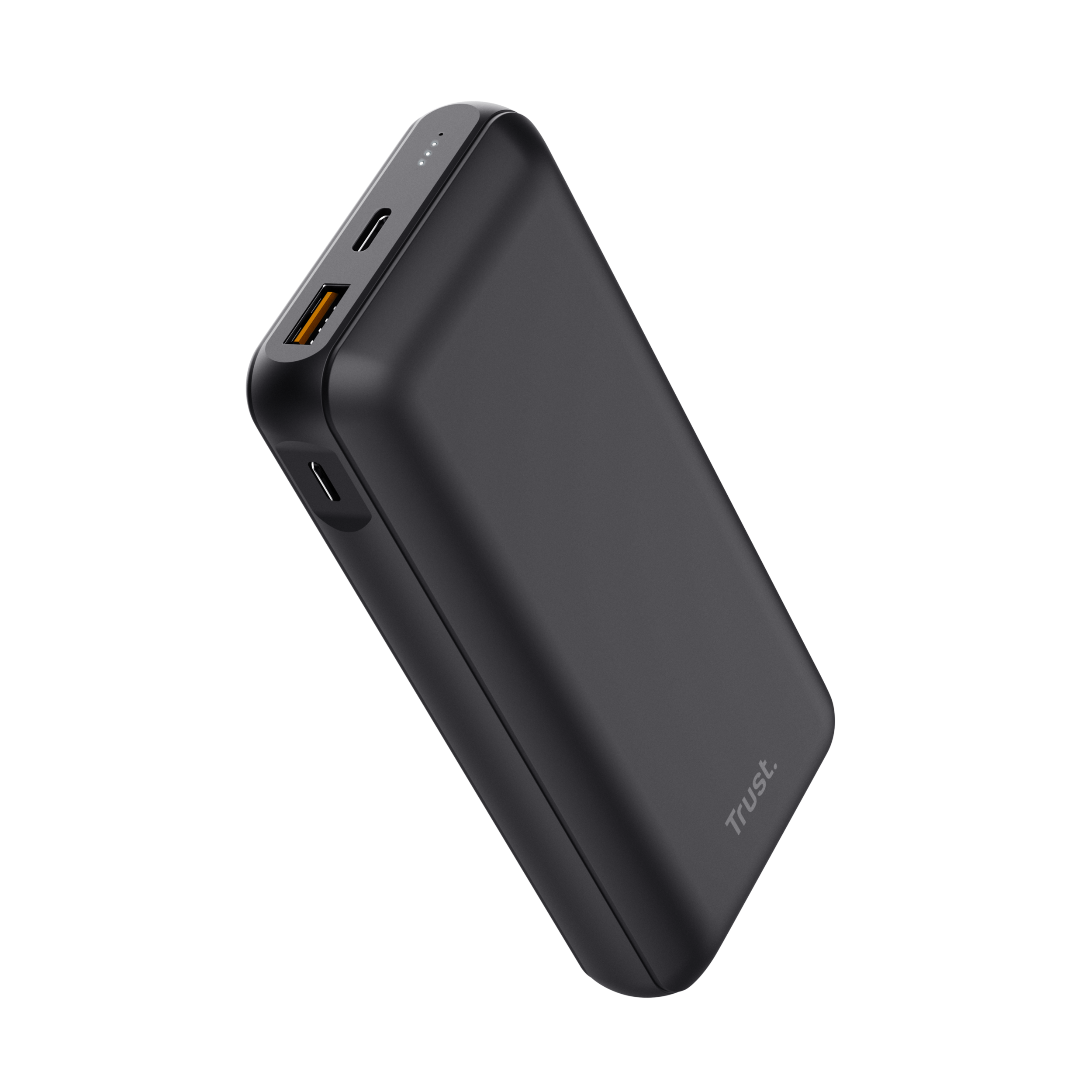 Een zwarte powerbank met USB- en USB-C-poorten en een Trust-logo.
