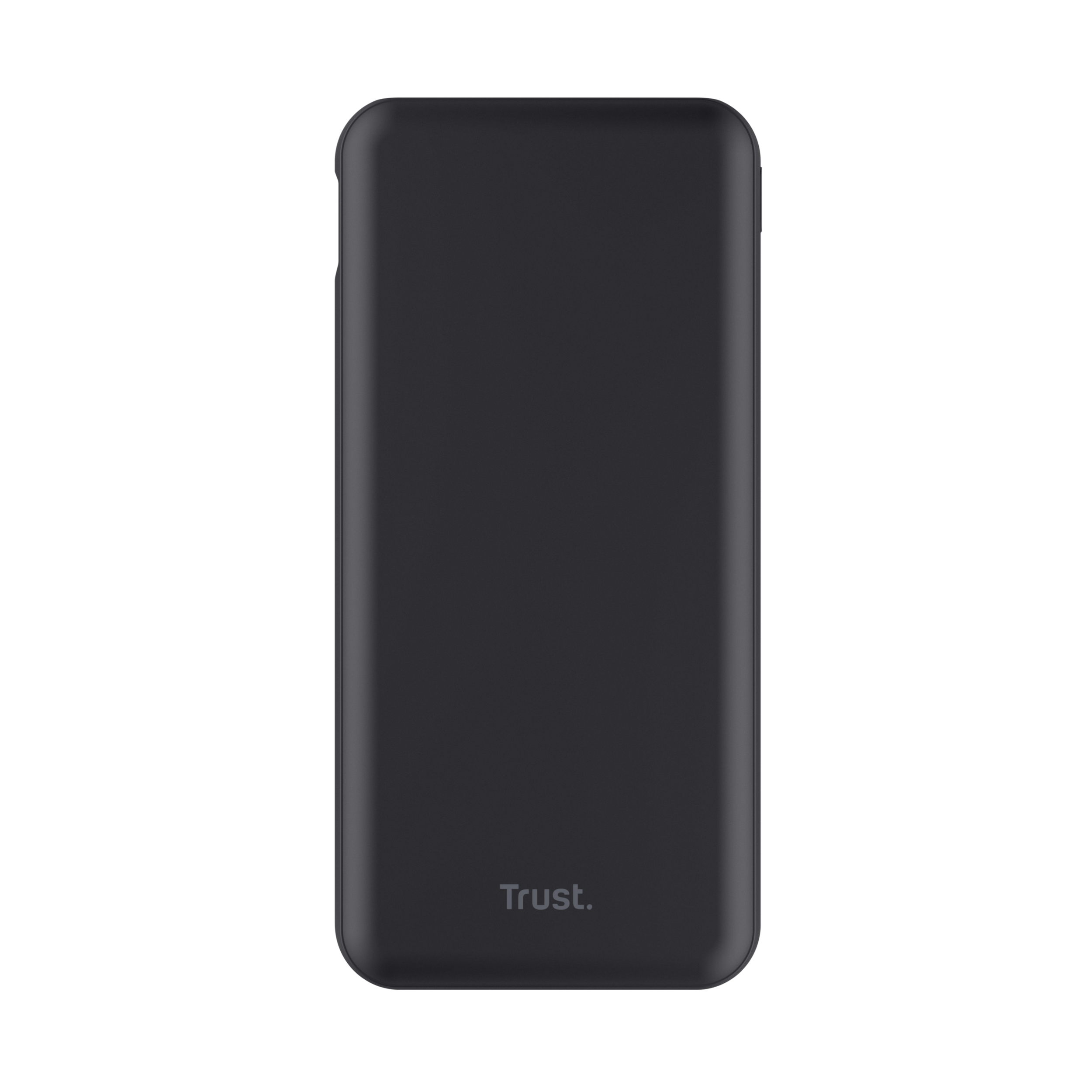 Een zwarte powerbank op een zwarte achtergrond. Het merk 'Trust' is zichtbaar.