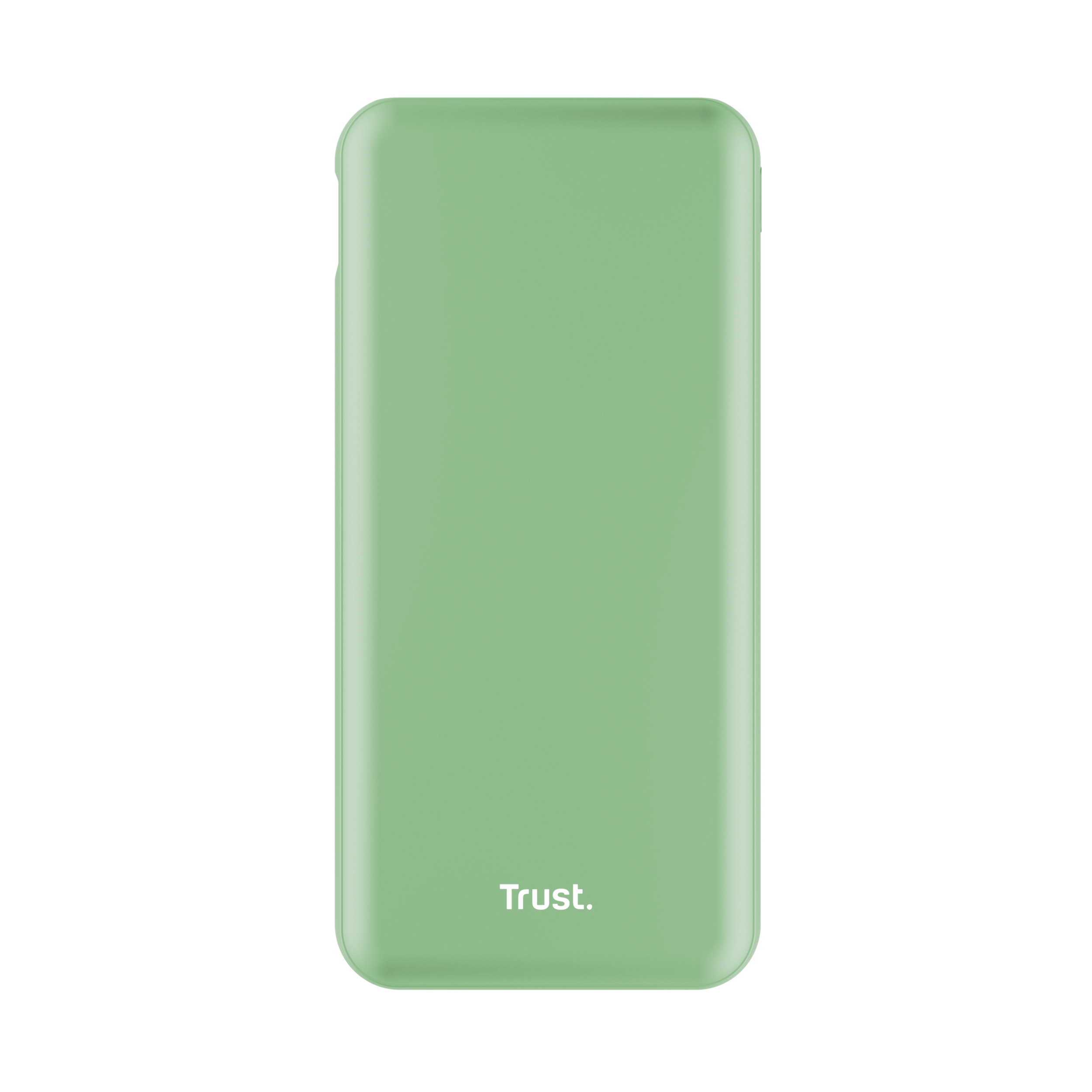 Una custodia per telefono rettangolare verde chiaro su sfondo nero. Il marchio 'Trust' è in basso.