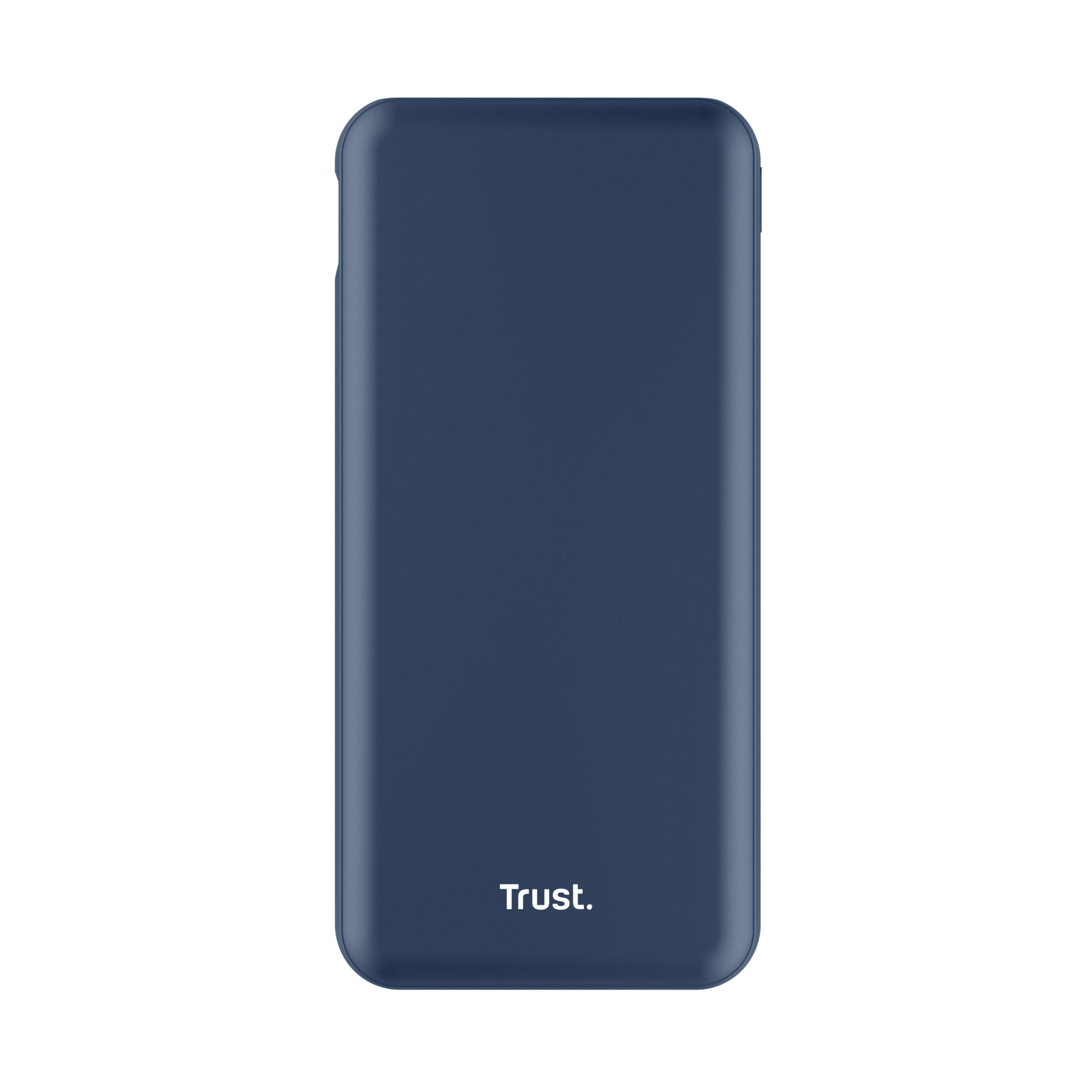 Marineblauwe telefoonhoes, effen kleur, met het woord 'Trust' onderaan gedrukt.