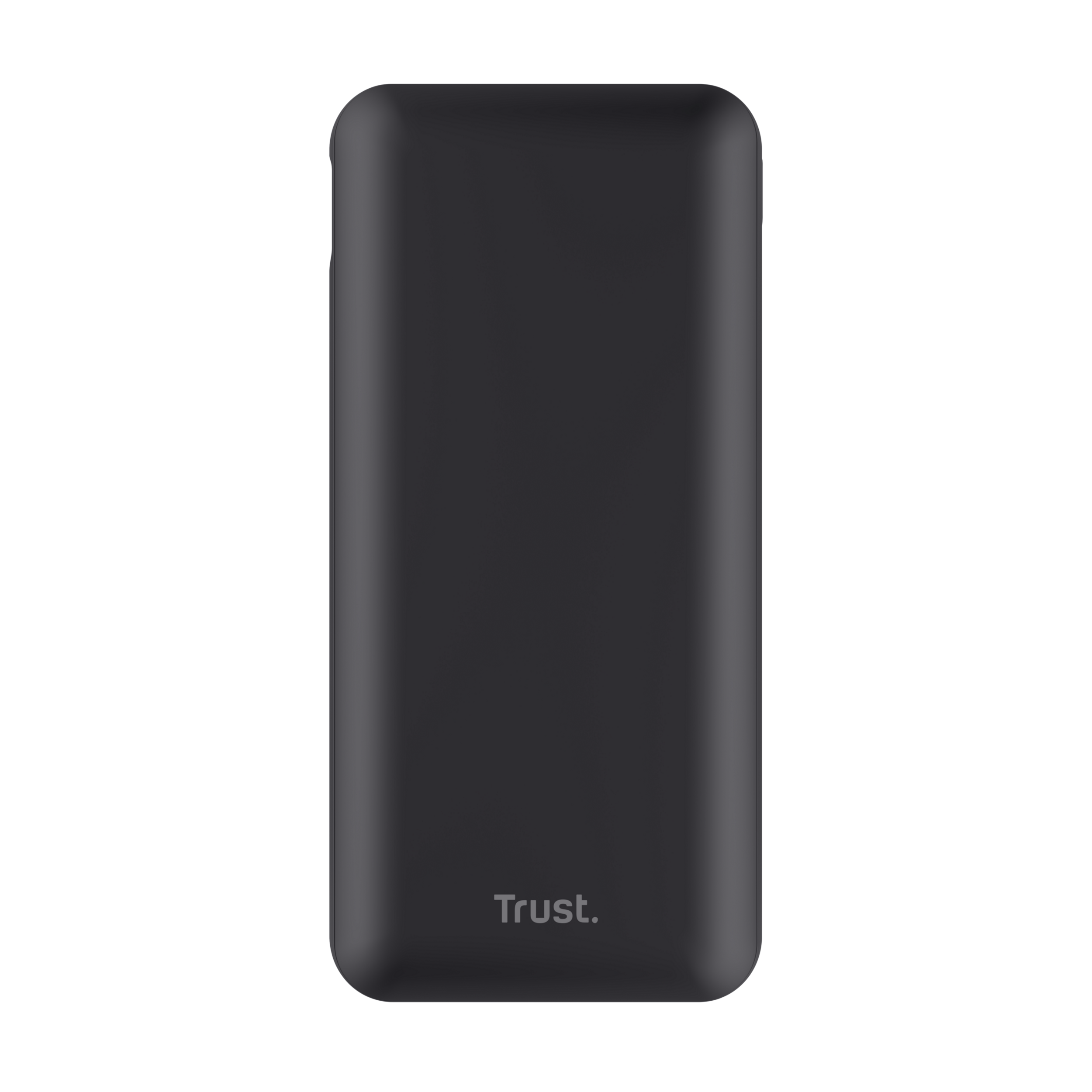 Zwarte powerbank op zwarte achtergrond. Trust merklogo.