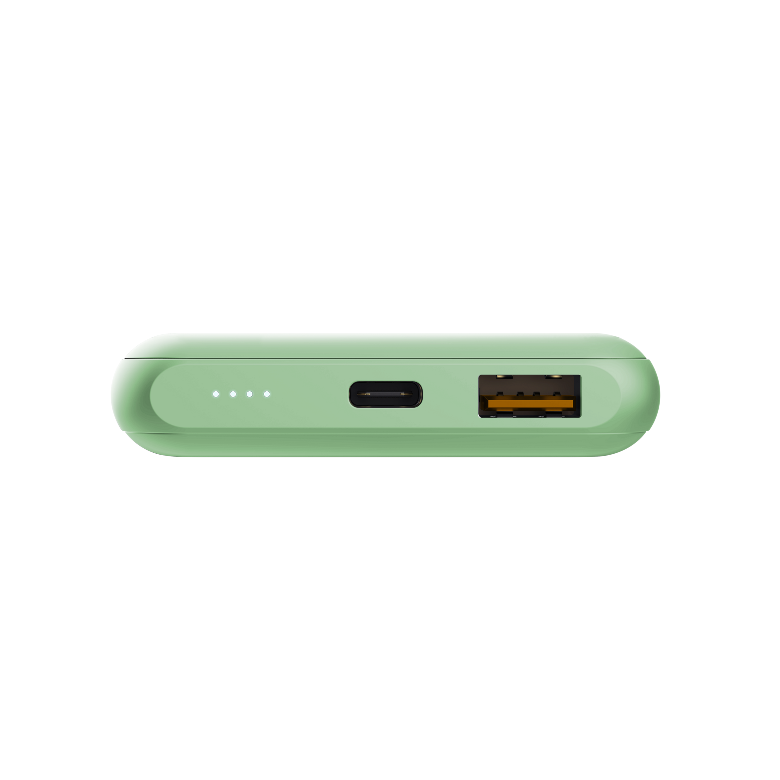 Un power bank verde chiaro con porta USB-C e spie su sfondo nero.