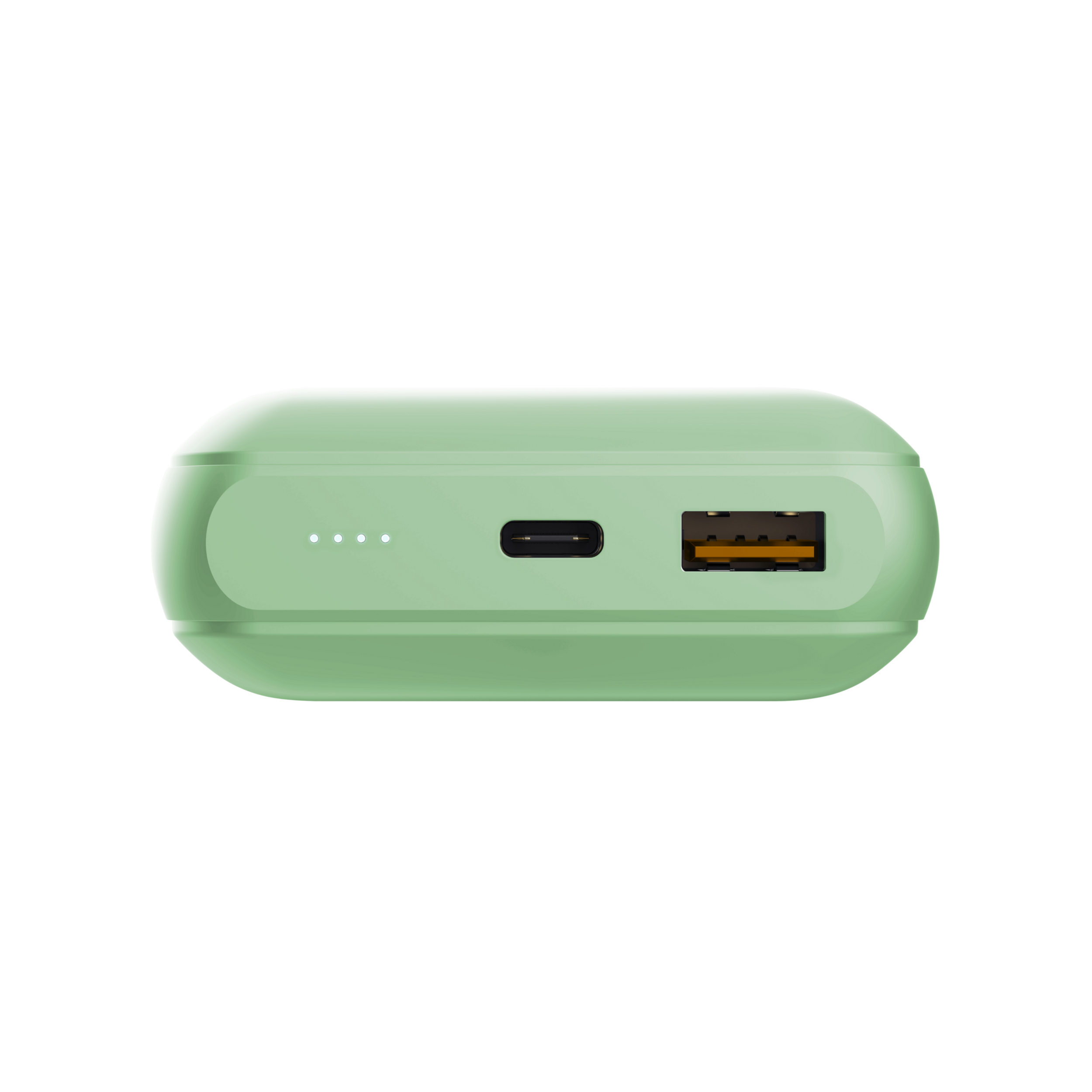 Een mintgroene powerbank met een USB-C-poort en een oranje USB-poort. Zwarte achtergrond.