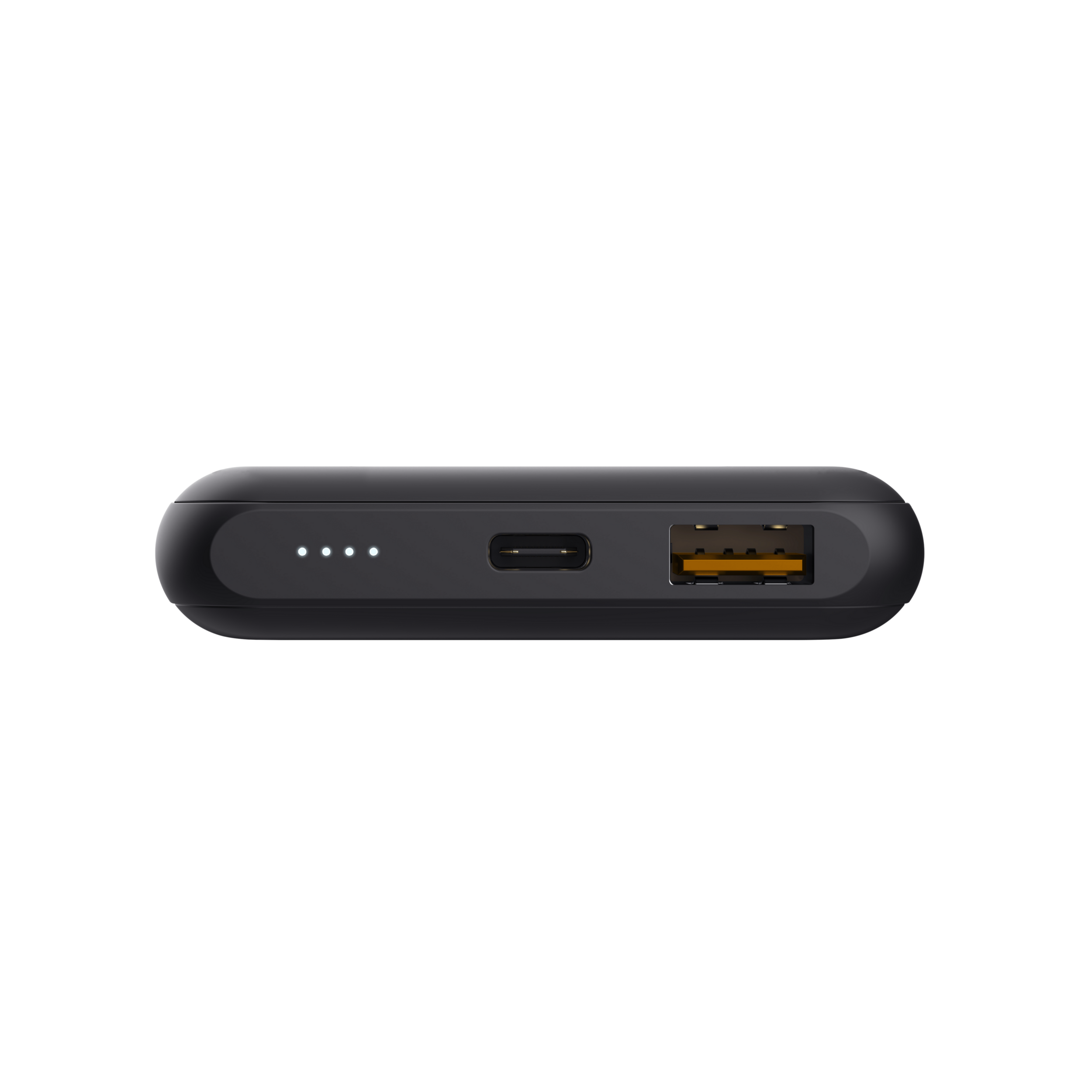 Zwarte powerbank met USB-C- en USB-poorten. Vier witte indicatielampjes zijn zichtbaar.