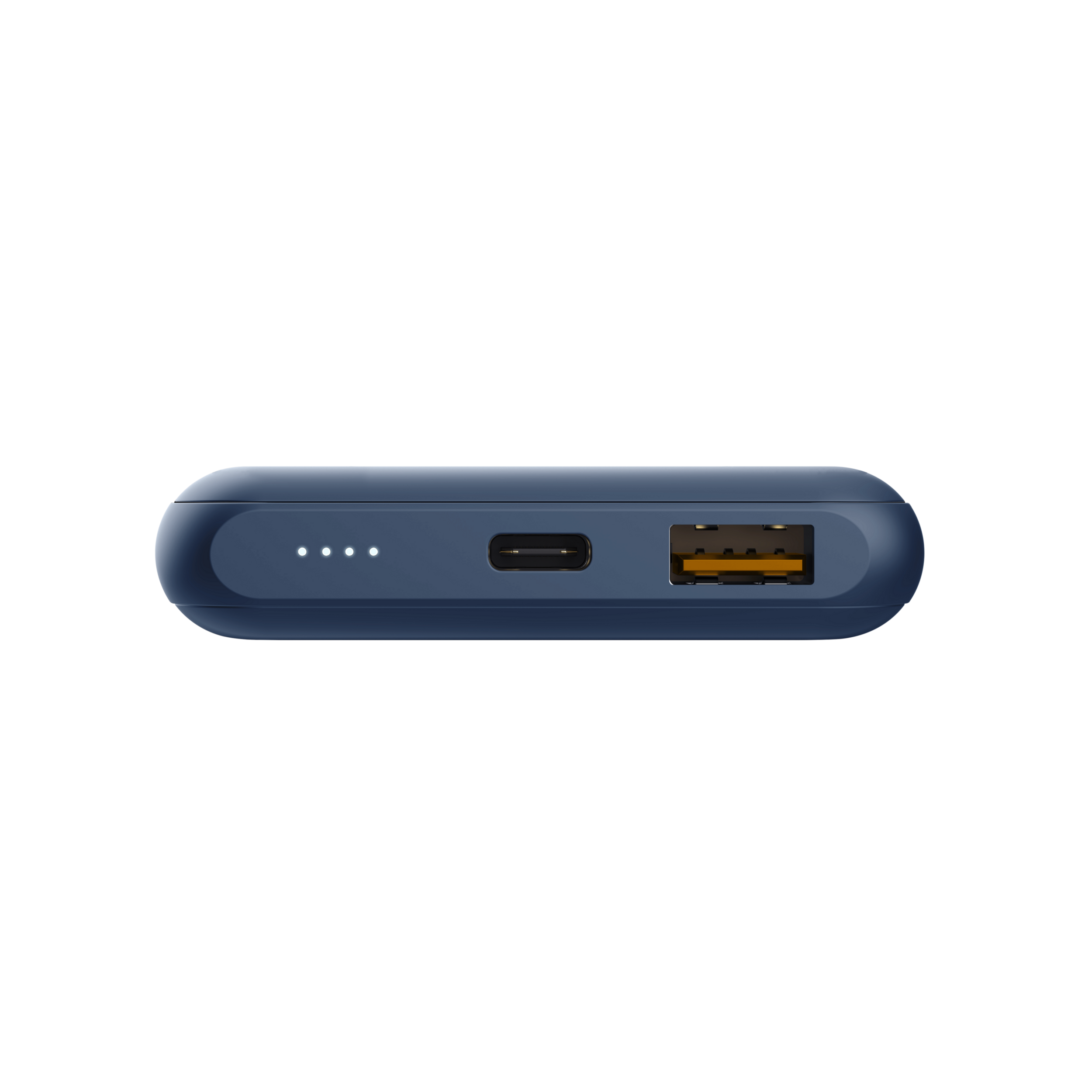 Blauwe powerbank met een USB-C-poort en oplaadindicatoren, op een zwarte achtergrond.