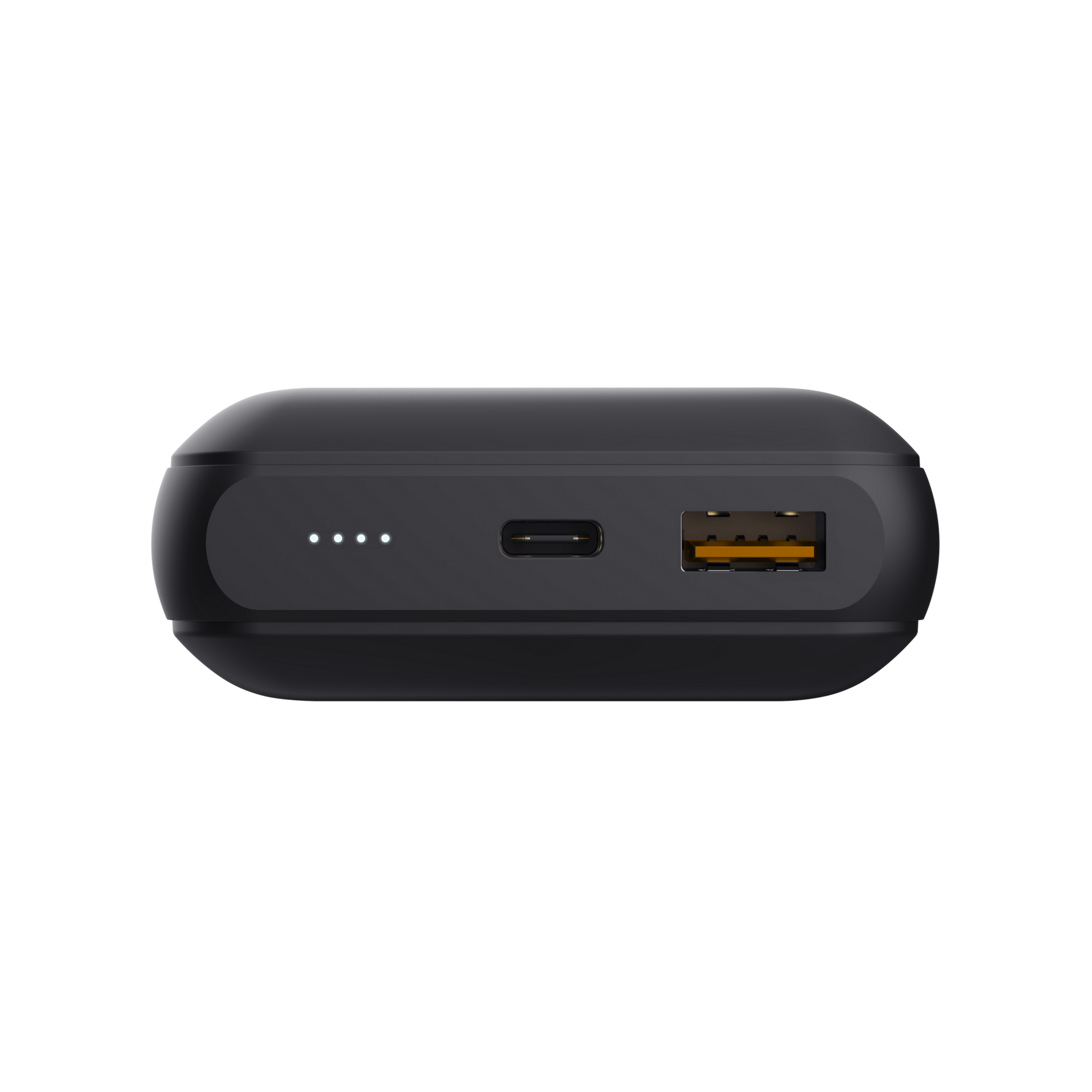 Zwarte powerbank met vier indicatielampjes, een USB-C-poort en een USB-A-poort.