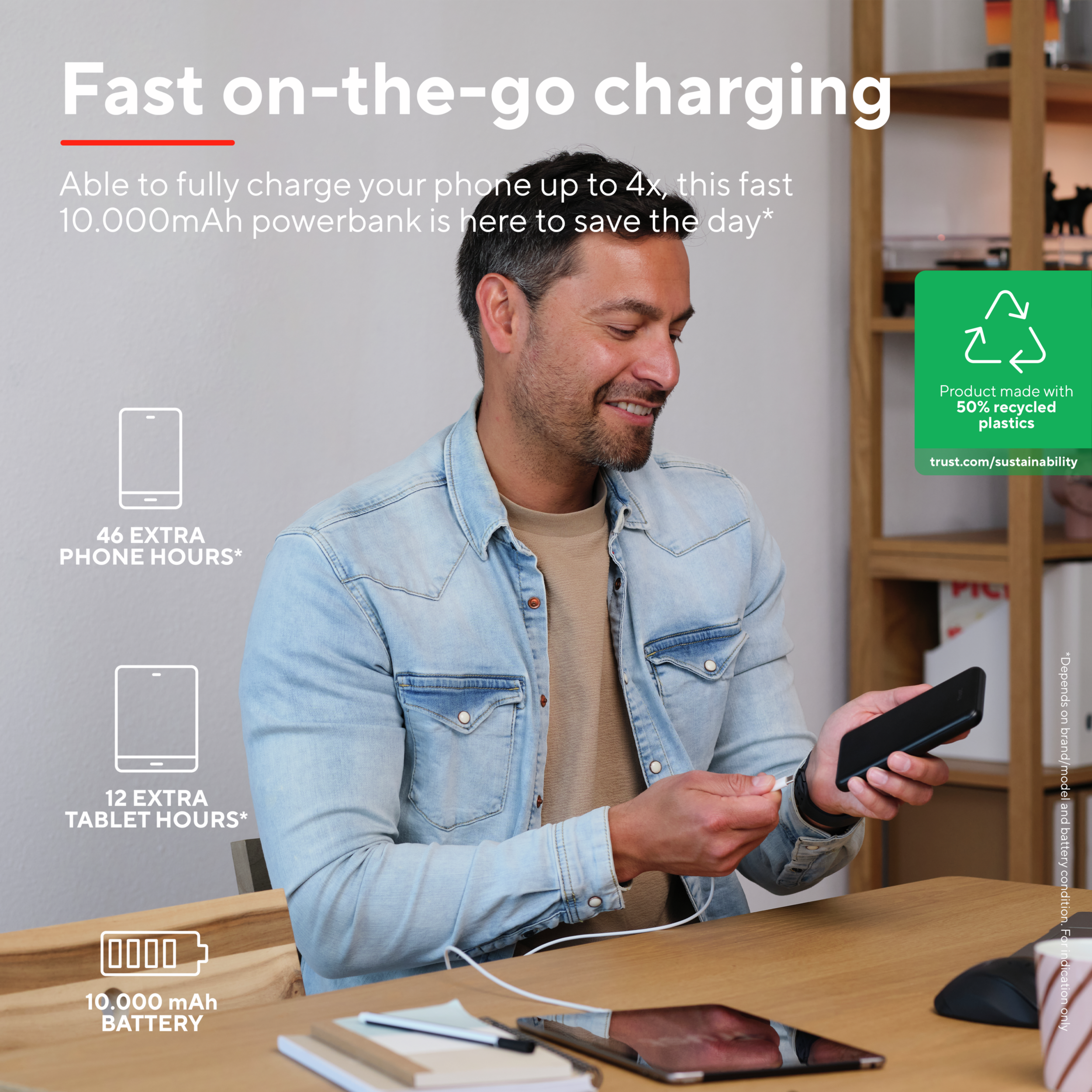 Man gebruikt powerbank, laadt telefoon en tablet op. Tekst: Snel opladen onderweg. Product gemaakt van 50% gerecycled plastic.
