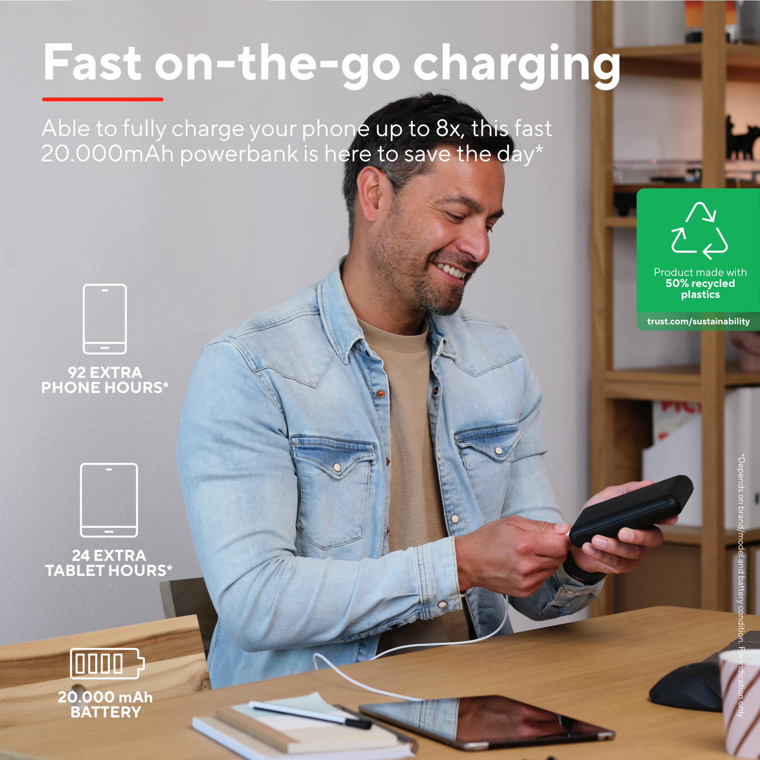 Een man laadt een powerbank op terwijl hij aan een tafel zit. Tekst: Snel opladen onderweg, 20.000 mAh batterij.