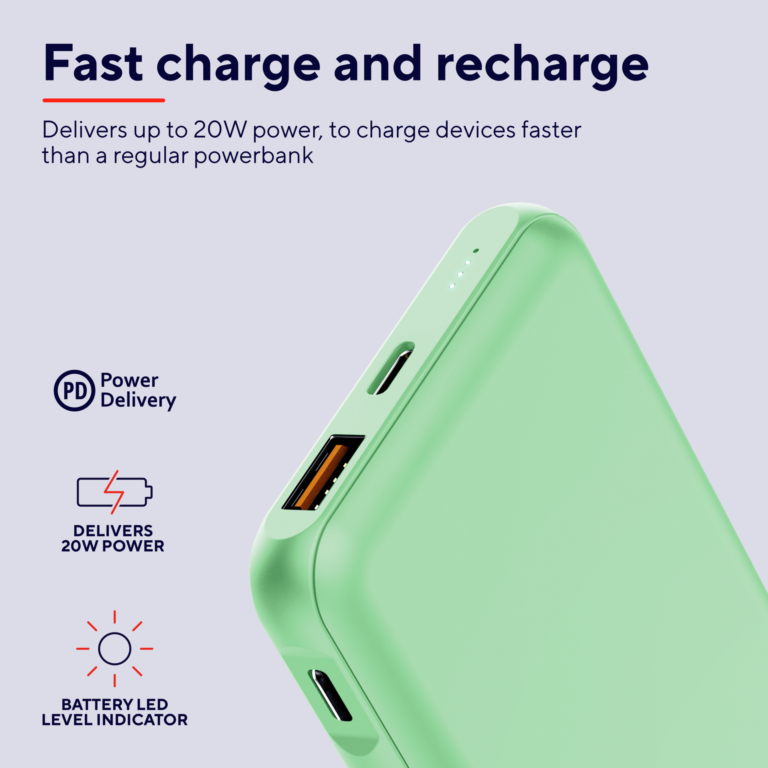 Un power bank verde menta con porte e indicatori, che mostra l'erogazione.