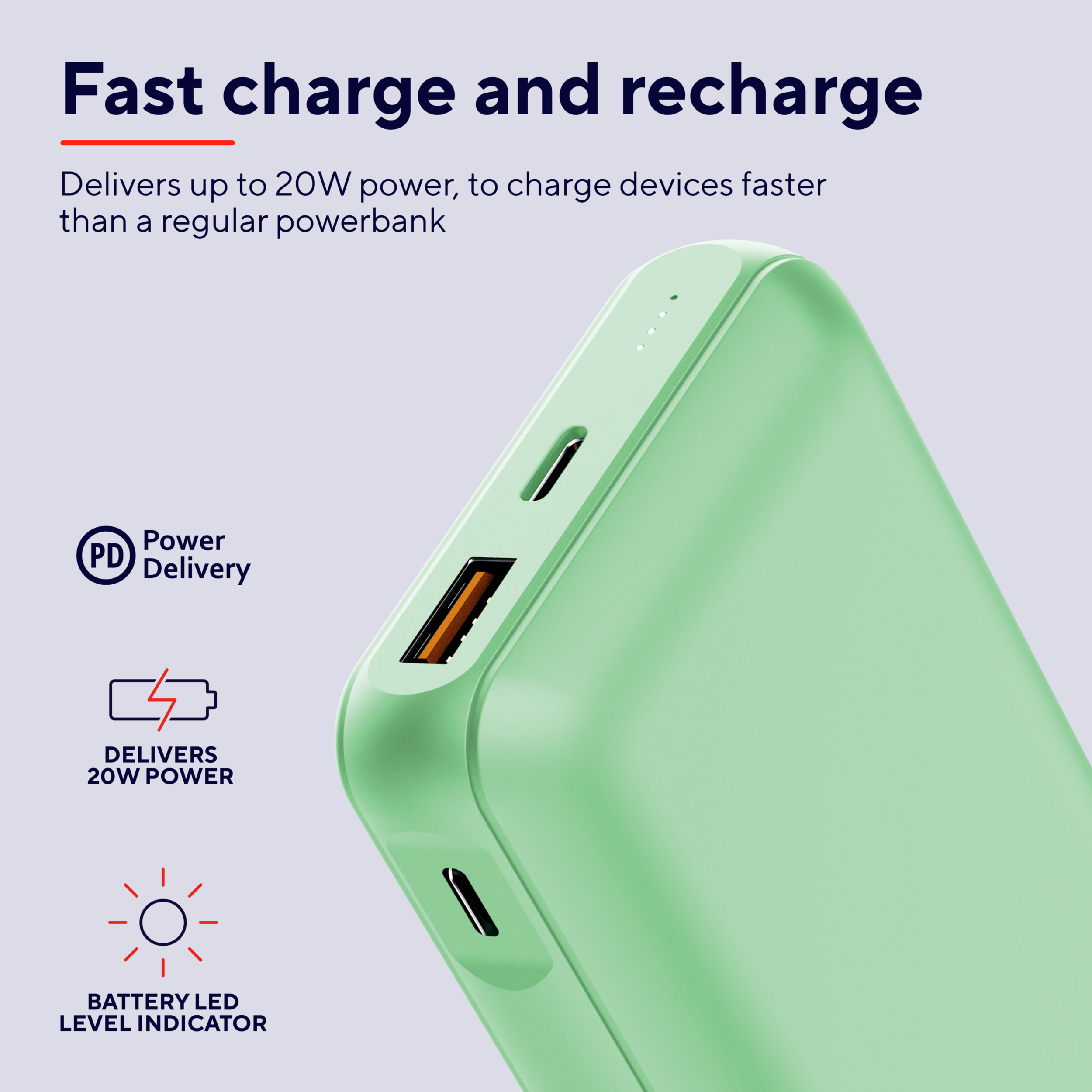 Een lichtgroene powerbank toont zijn poorten en batterijniveau-indicator.