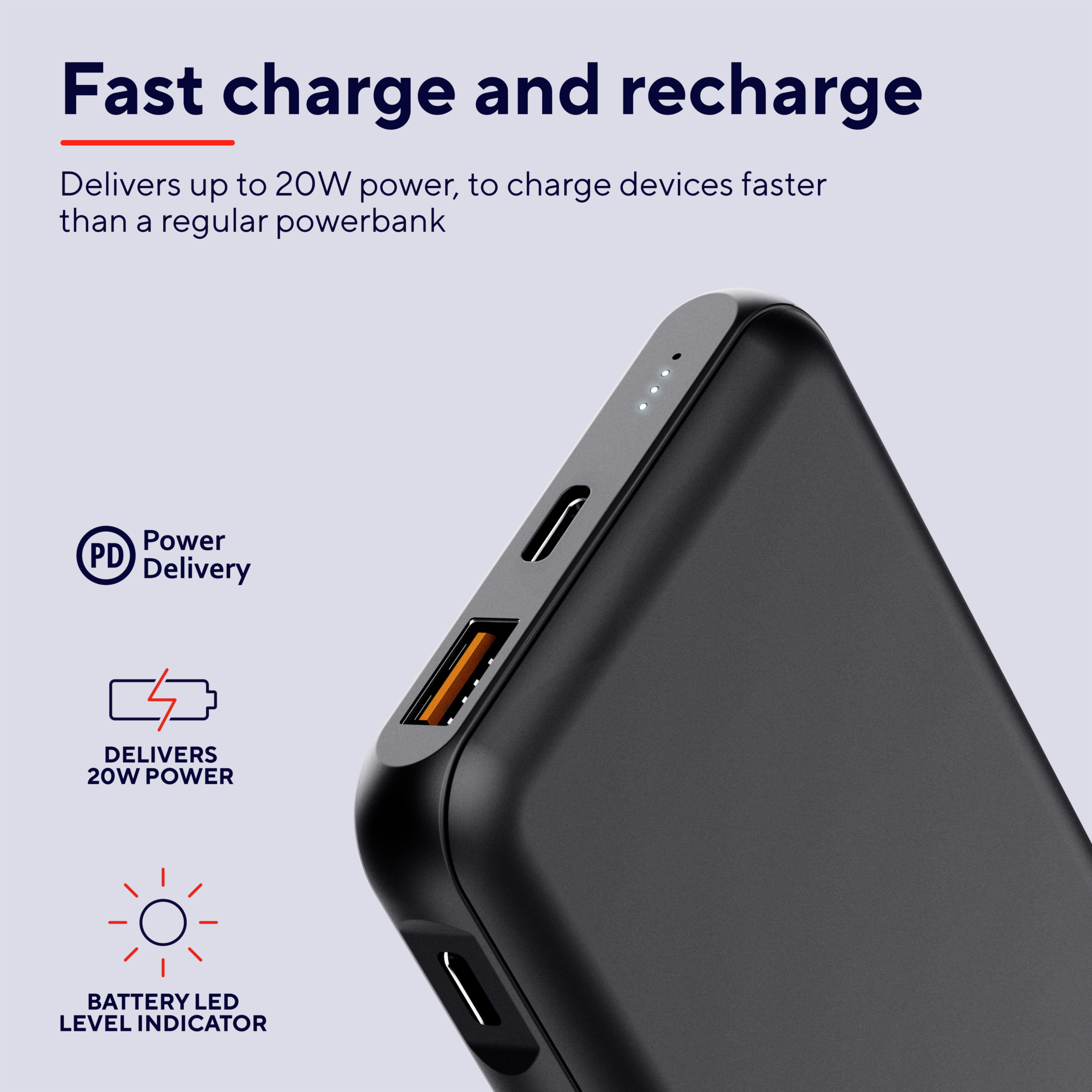 Close-up van een zwarte powerbank met poorten, een batterijniveau-indicator en tekst over snel opladen.