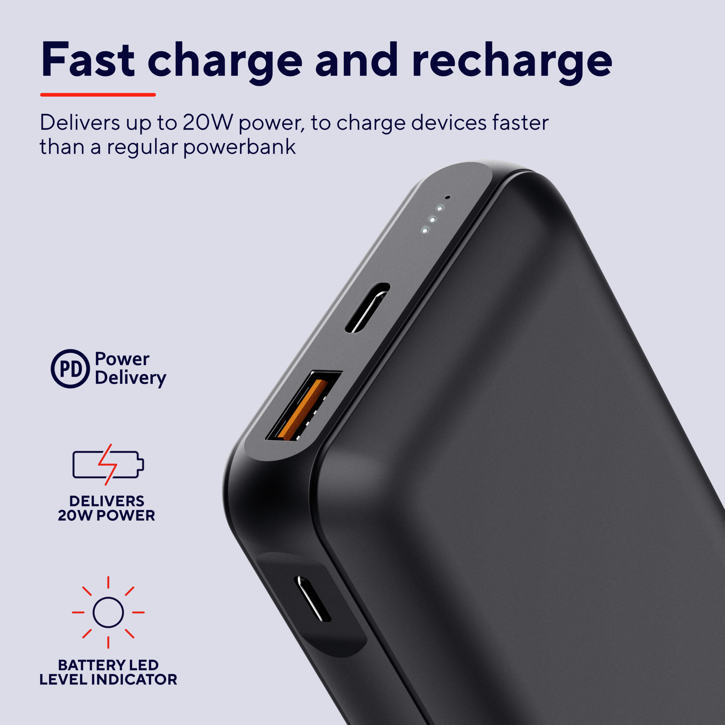 Zwarte powerbank met oplaadpoorten en een batterijniveau-indicator met tekst.