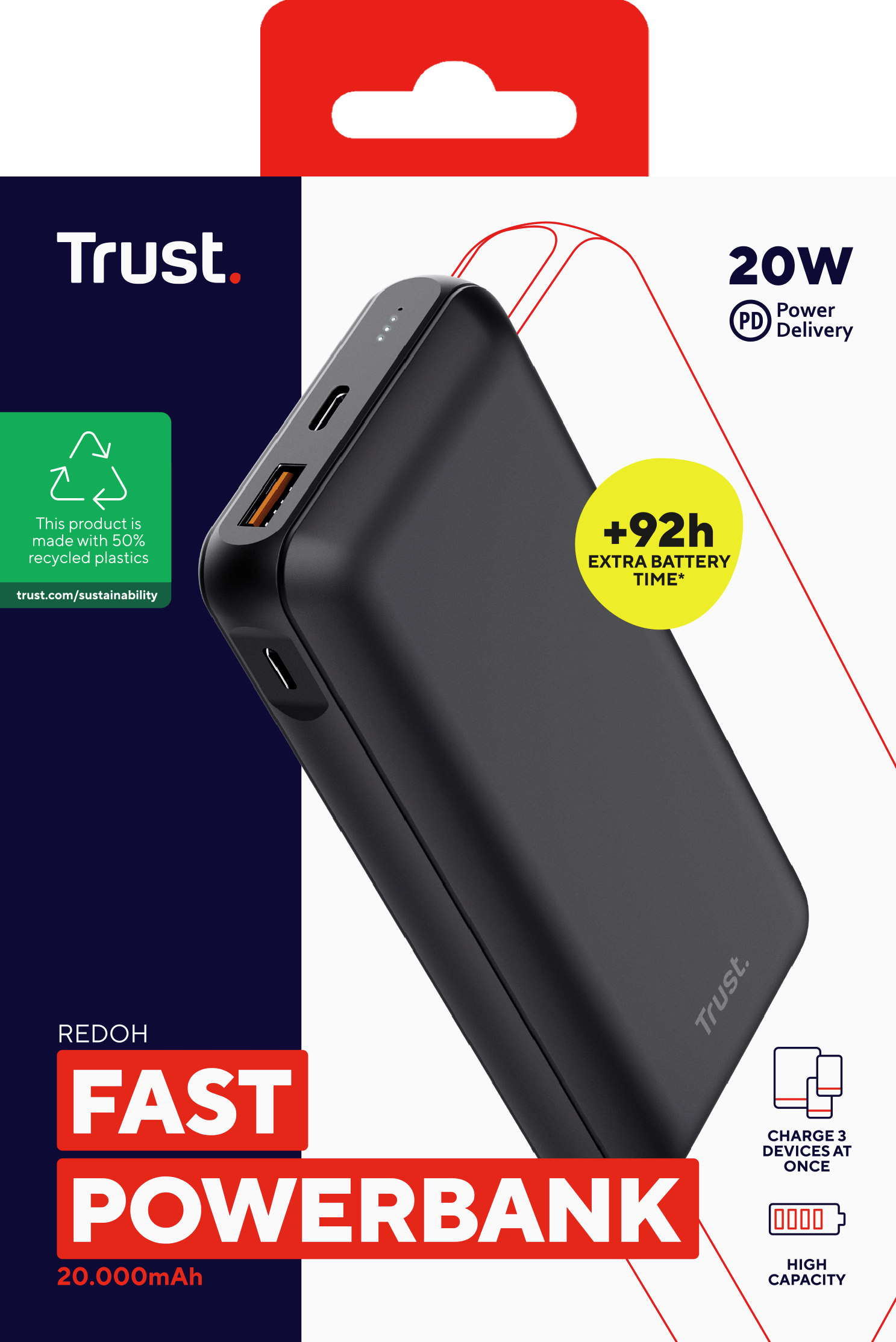 Zwarte powerbank met rode accenten op een witte achtergrond. Tekst zegt 'Fast Powerbank'.