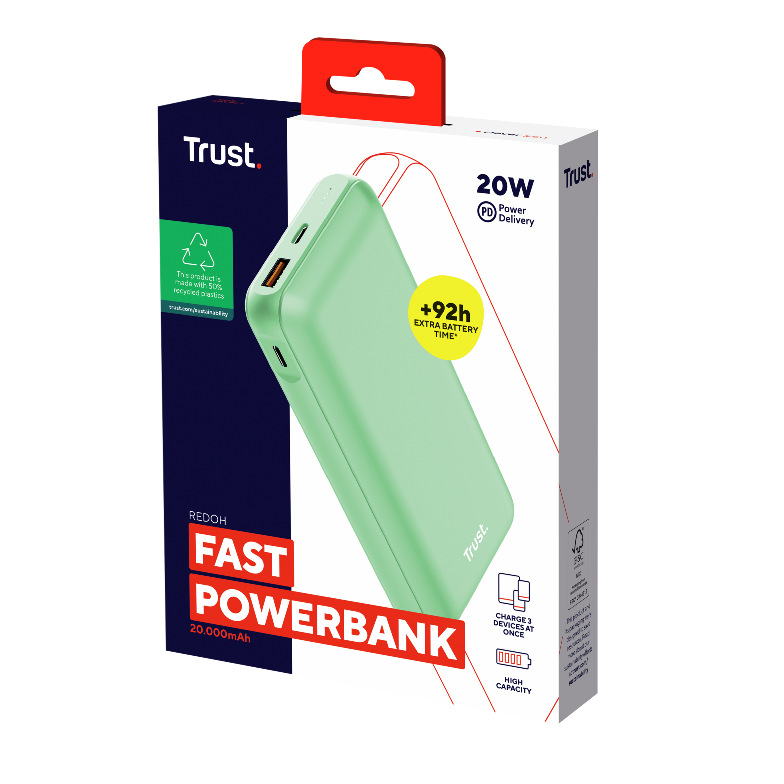 Groene powerbank in een doos. Tekst op de doos: 'FAST POWERBANK' en '20W Power Delivery'.
