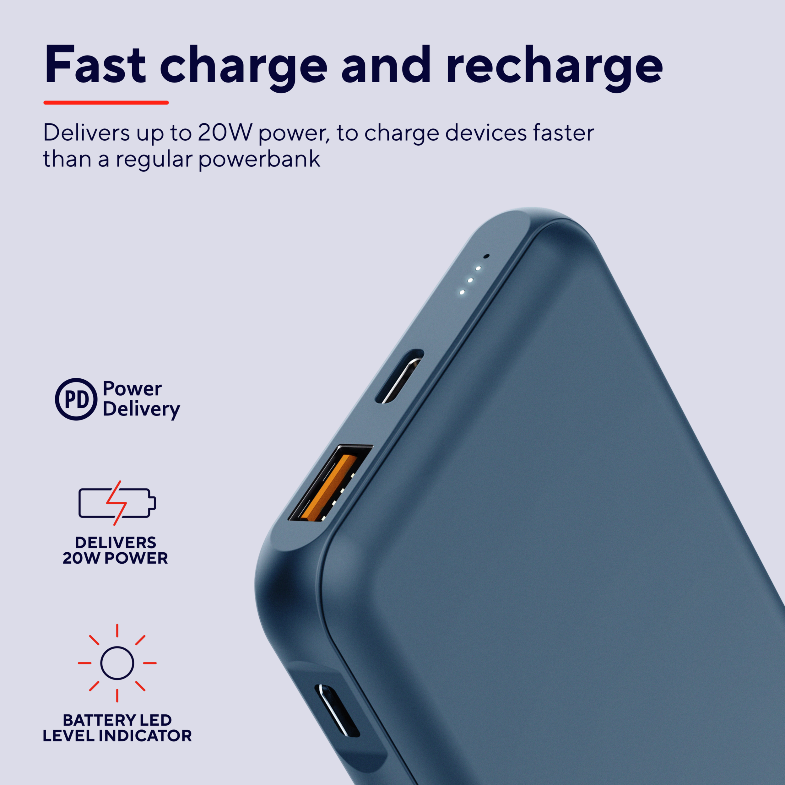 Een blauwe powerbank met poorten, knoppen en tekst over snel opladen en stroomvoorziening.