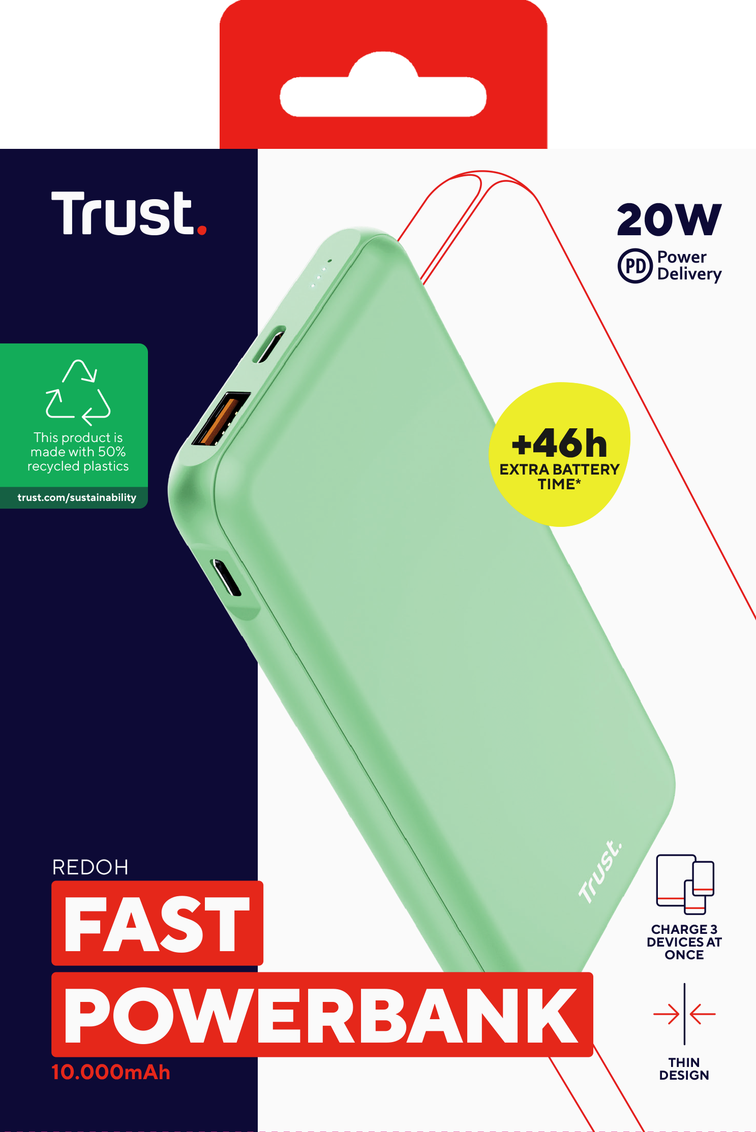 Power bank verde menta con etichetta e testo rossi. Include ricarica rapida e tempo di batteria extra.