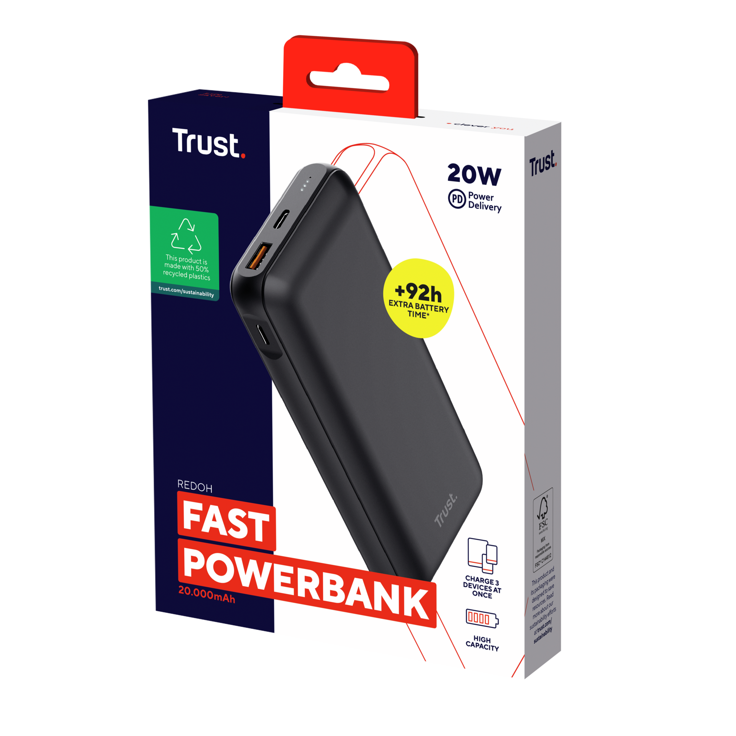 Zwarte powerbank in de verpakking, met tekst en afbeeldingen. Witte achtergrond, schuine weergave.