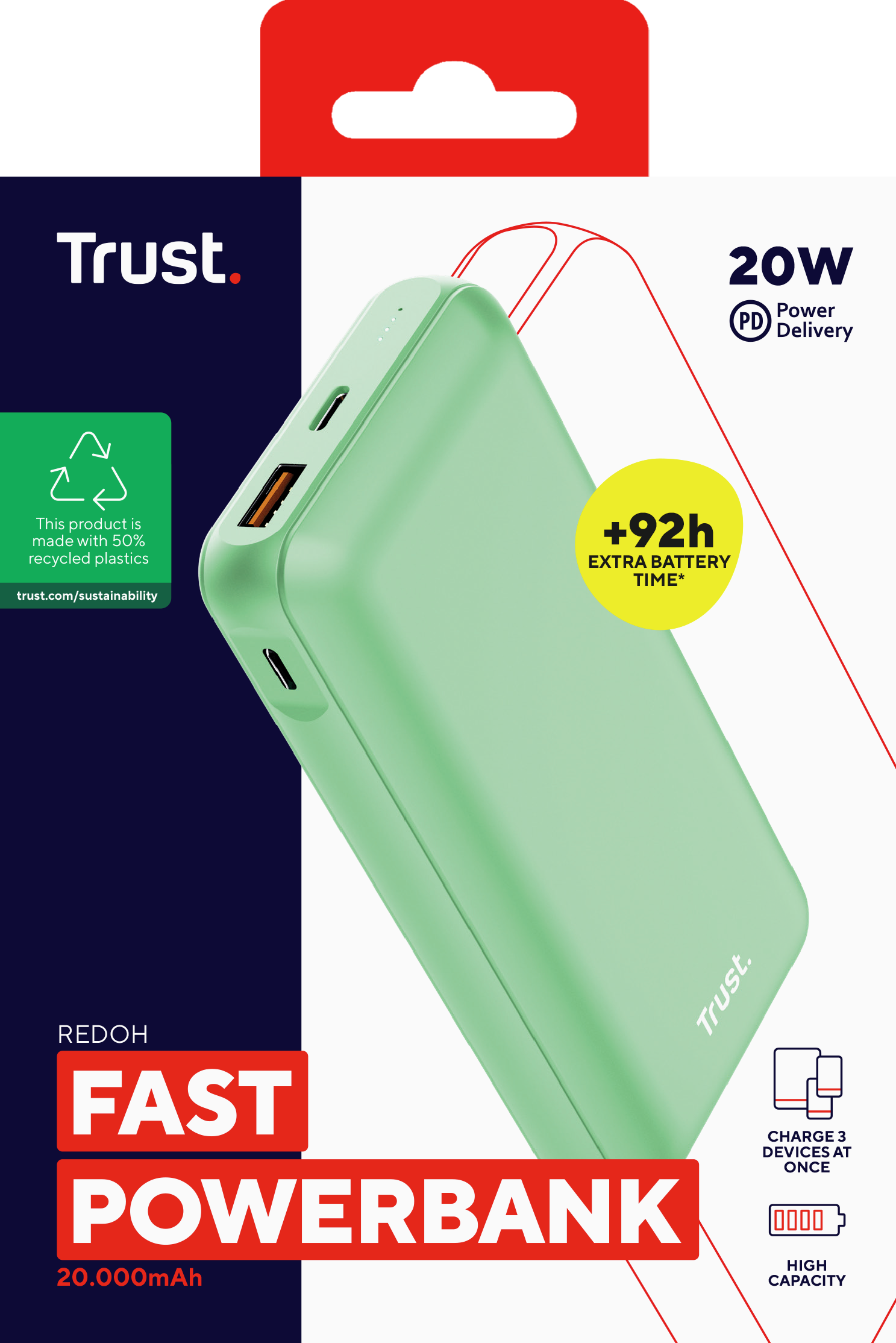 Groene powerbank op een doos. De tekst luidt 'Fast Powerbank'. Het heeft 20W Power Delivery en +92 uur extra batterijduur.