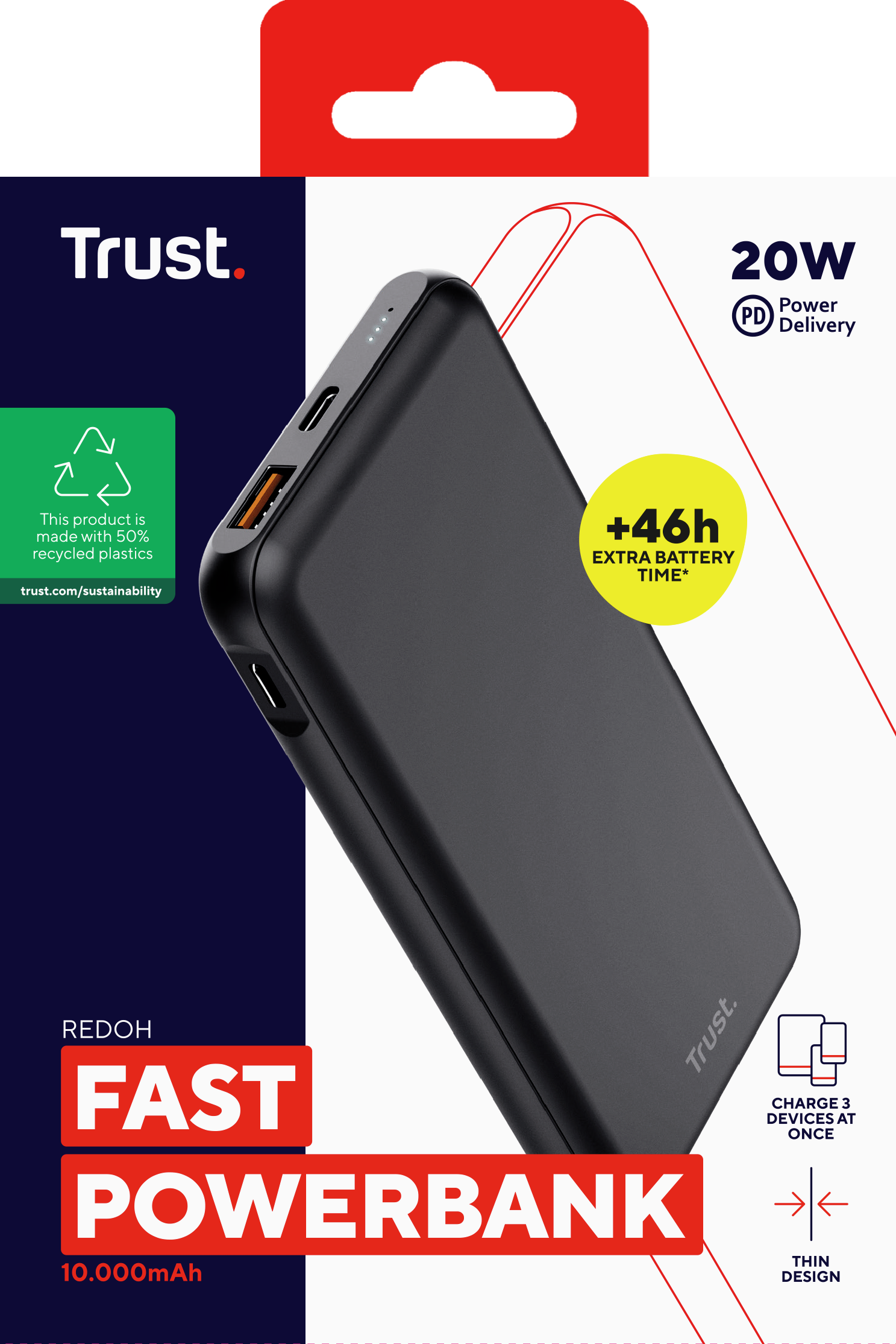 Zwarte powerbank in verpakking met tekst over snel opladen, 20W vermogen en extra batterijduur.