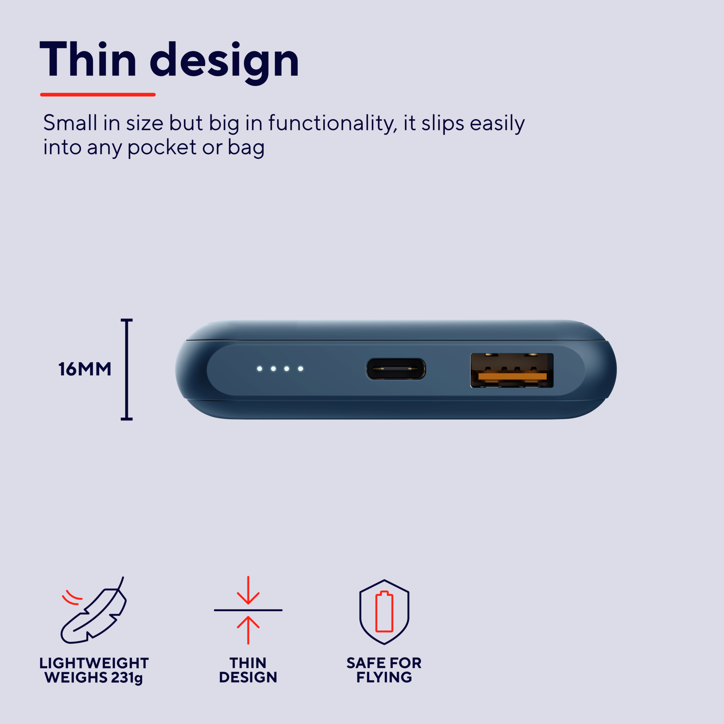 Een marineblauwe powerbank met afmetingen. De powerbank heeft vier indicatielampjes en een oranje poort.