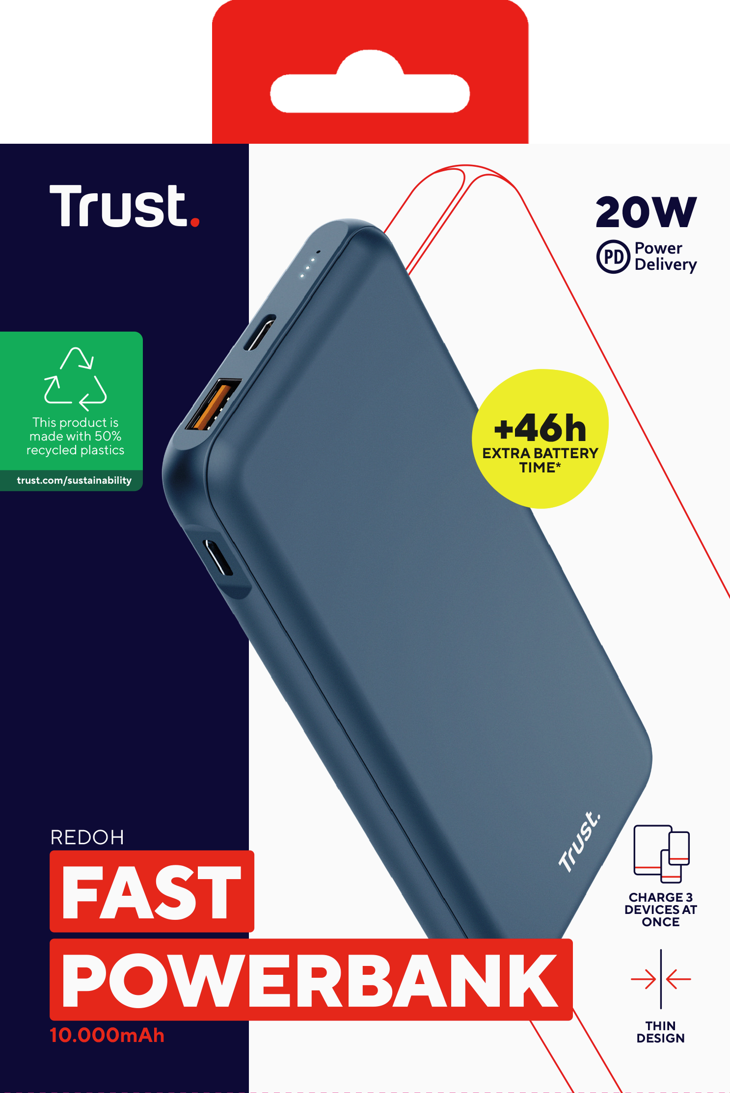 Blauwe powerbank met rode verpakking, tekst: FAST POWERBANK, 20W Power Delivery.