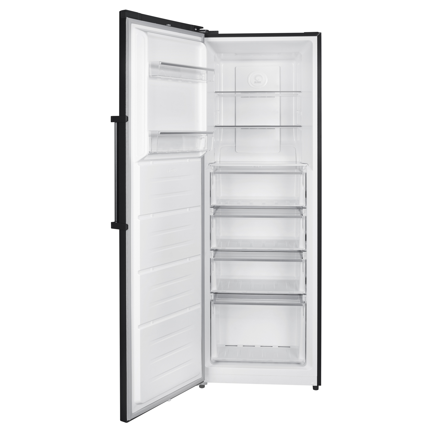 Un frigorifero nero con la porta aperta, che rivela ripiani, cassetti e un interno luminoso.