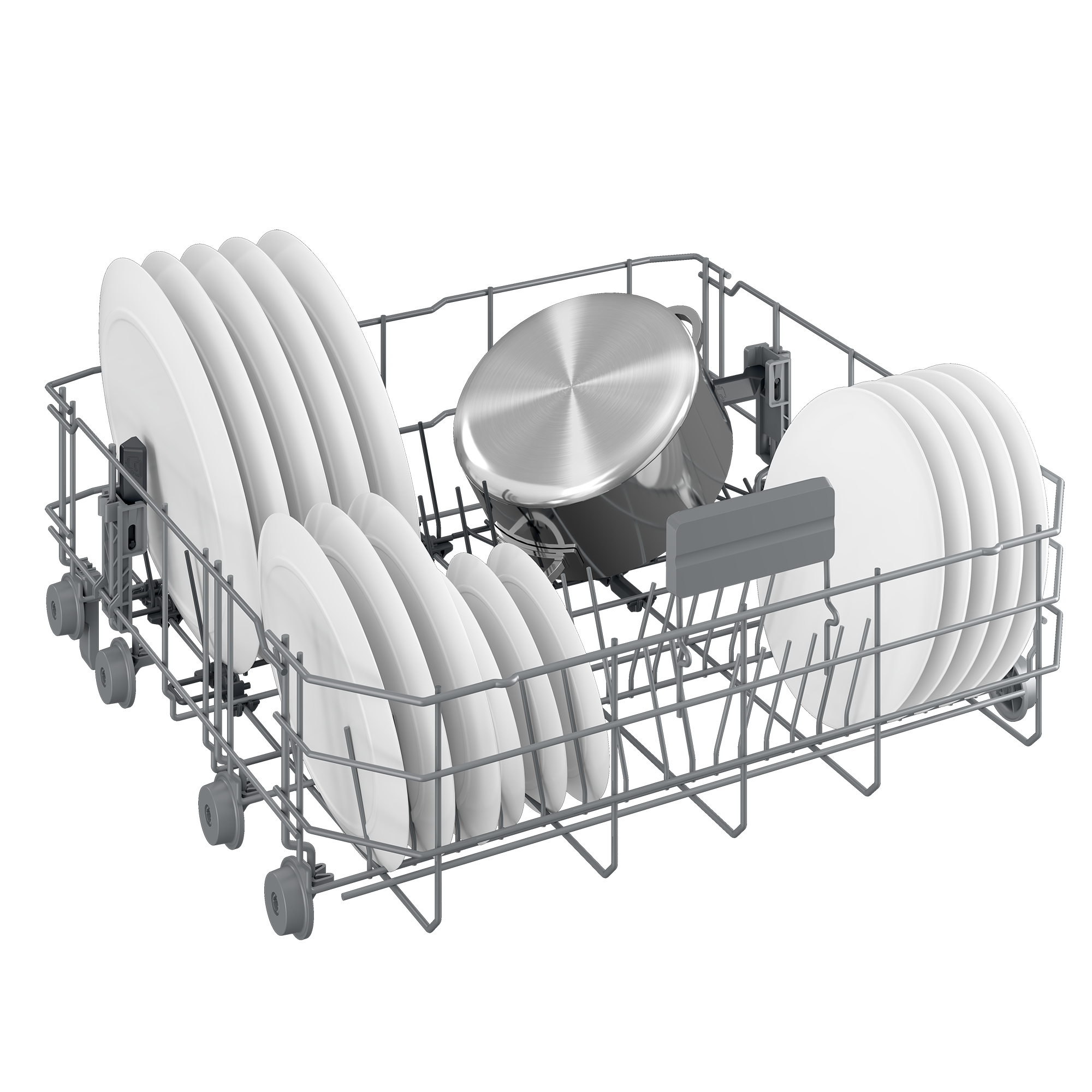 Regał zmywarki z talerzami i garnkiem. Białe talerze i srebrny garnek.