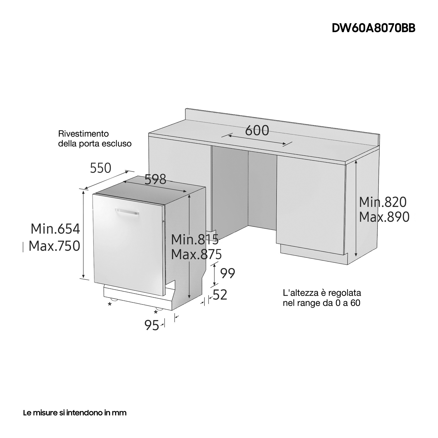 Un diagramma di una lavastoviglie con dimensioni in mm. La lavastoviglie è incassata in un bancone.