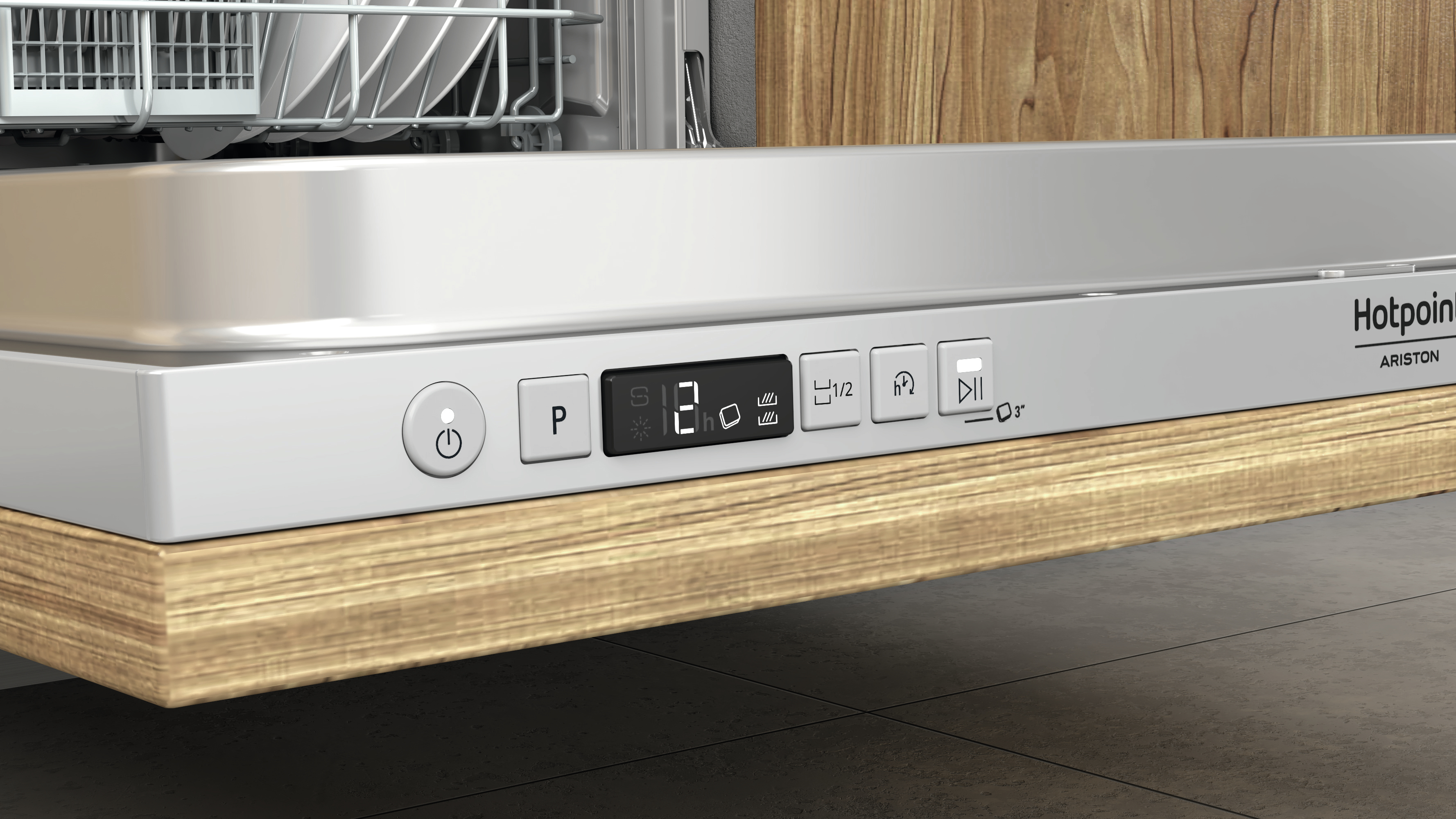 Primo piano del pannello di controllo della lavastoviglie: Hotpoint/Ariston.