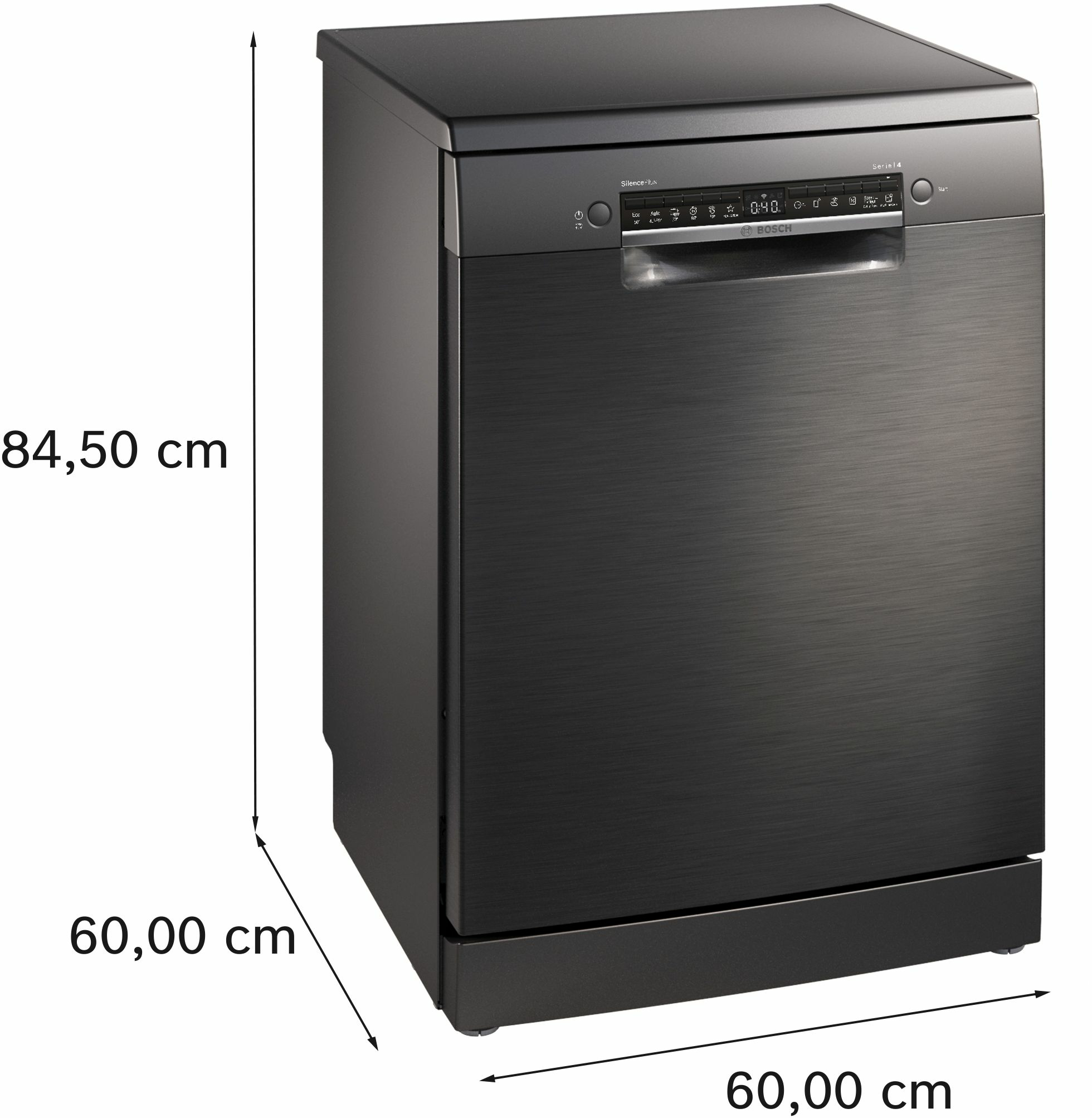 Lavavajillas negro con dimensiones. Tiene un panel de control en la parte superior y las dimensiones a la izquierda.