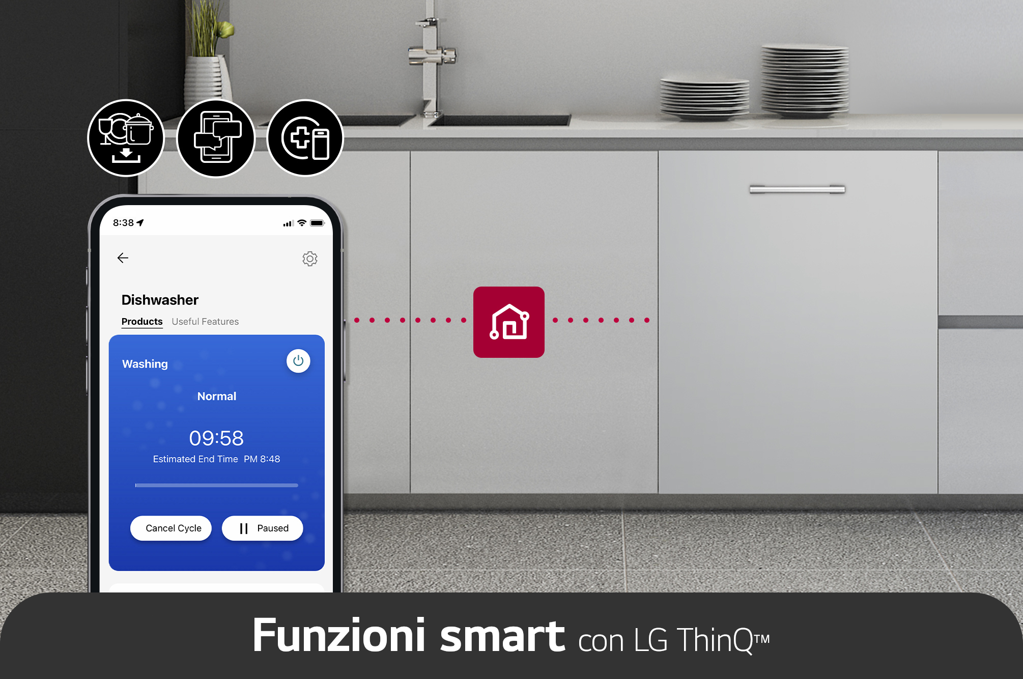 Uno smartphone mostra un'interfaccia dell'app della lavastoviglie davanti a una scena della cucina, con funzioni intelligenti.