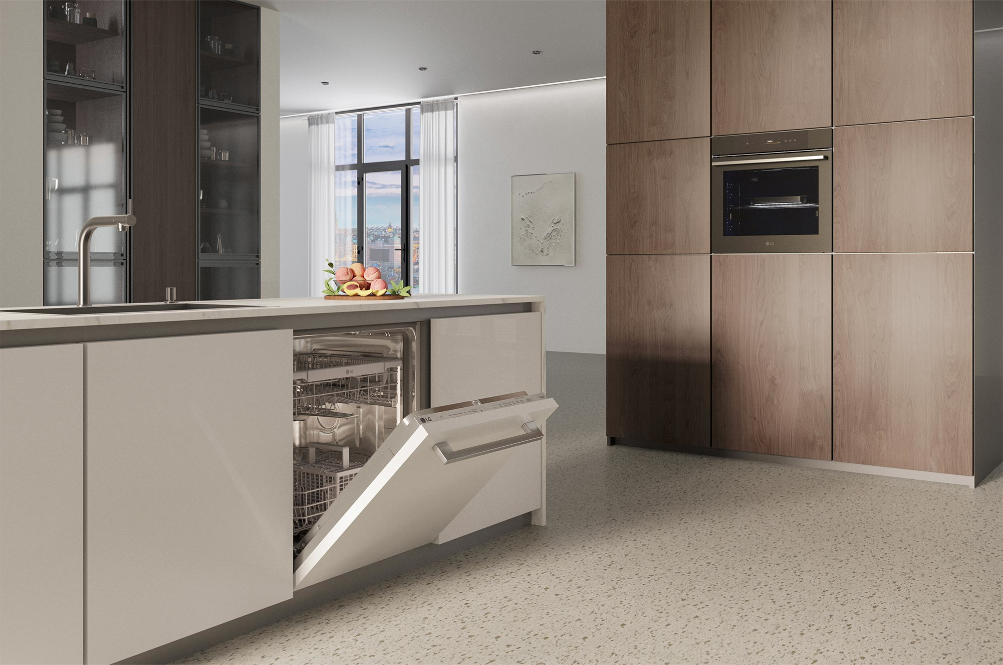 Scena di cucina moderna, lavastoviglie aperta, mobili in legno chiaro e isola bianca.