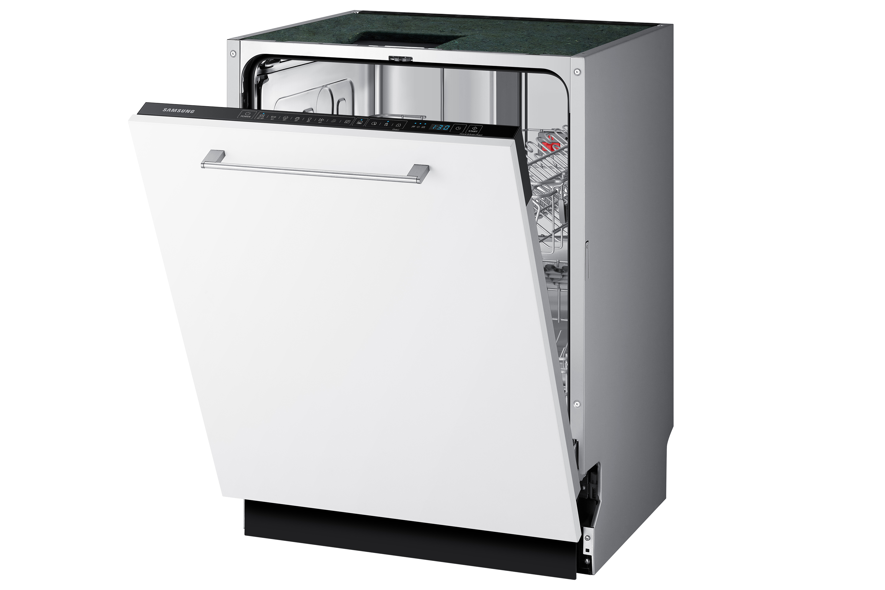 Una lavastoviglie ad incasso bianca con la porta aperta, che rivela le griglie. Un elettrodomestico da cucina moderno.