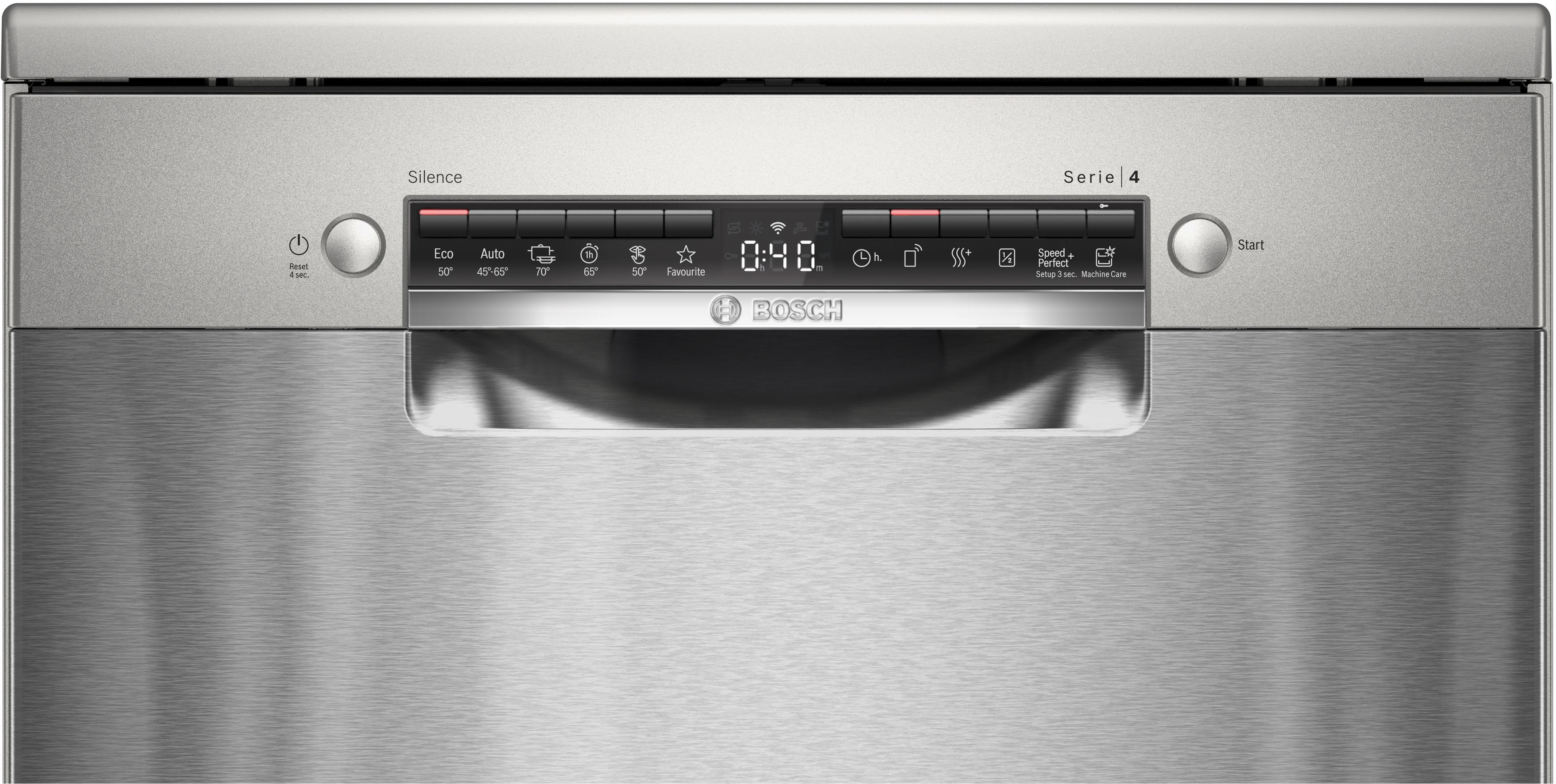 Pannello di controllo della lavastoviglie con pulsanti e display. Finitura in acciaio inox. Logo Bosch.