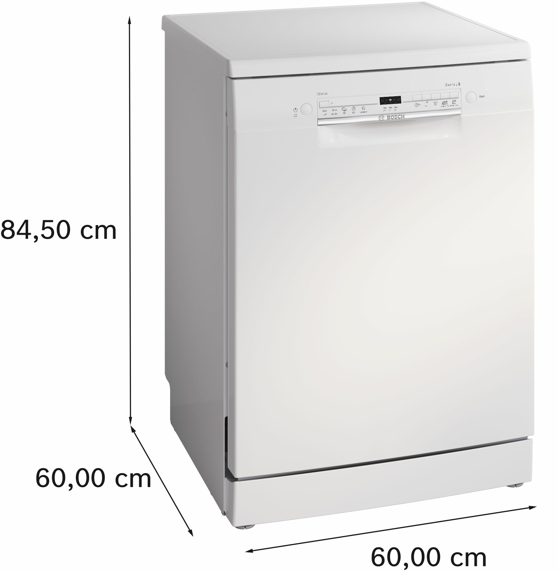 Lavastoviglie bianca, vista frontale, con dimensioni. Altezza 84,50 cm, larghezza e profondità 60,00 cm.