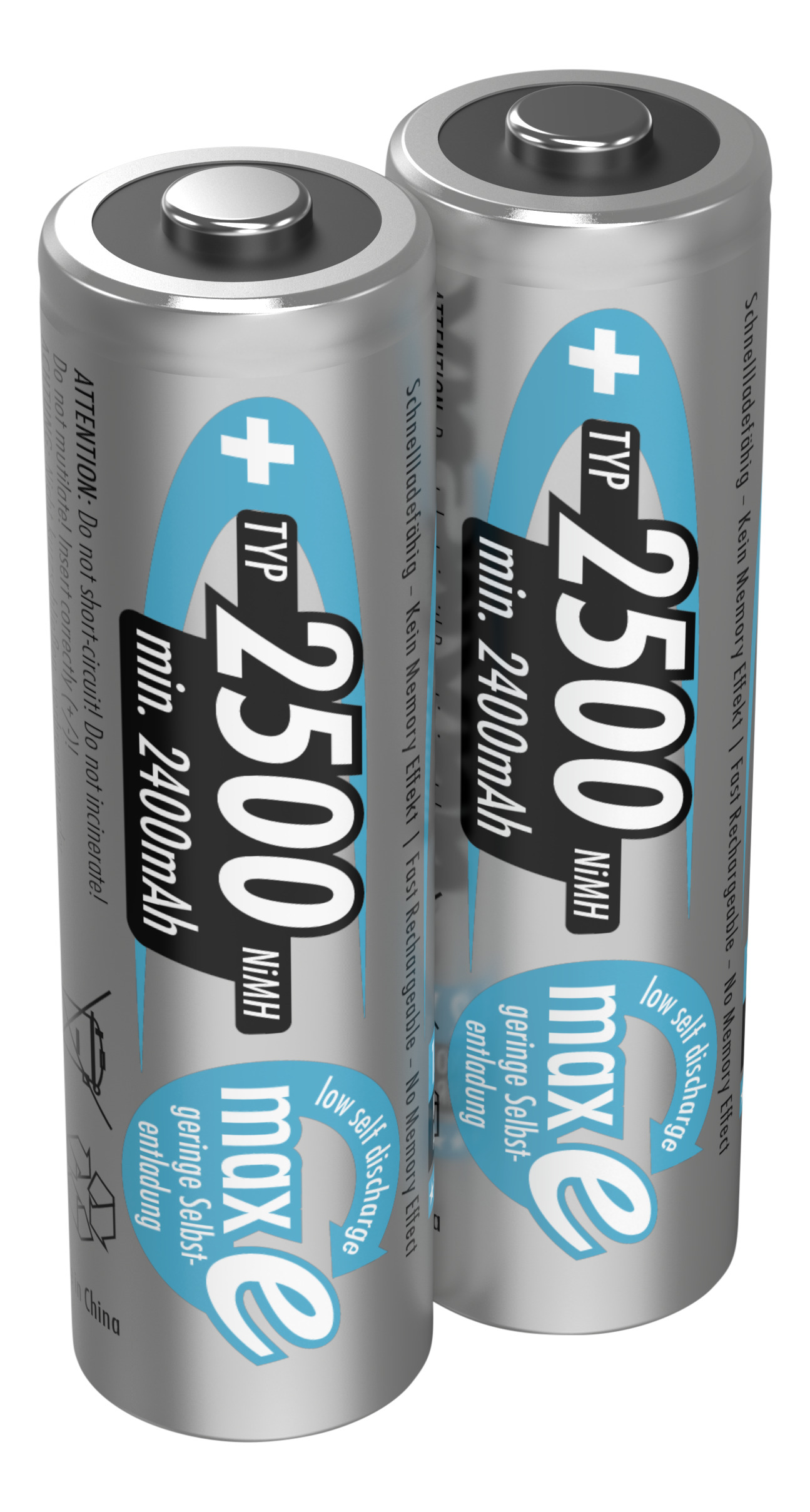 Zwei silberne AA-Batterien. Die Etiketten sind blau und weiß, mit Text und Pluszeichen.
