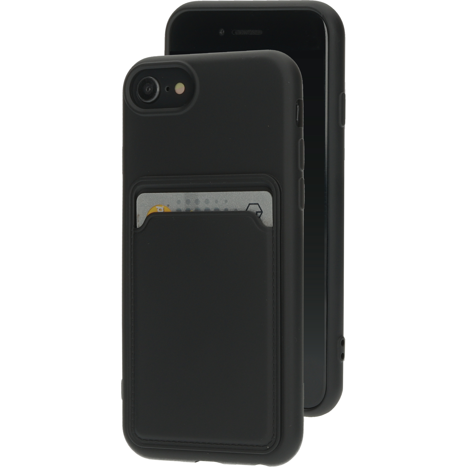 Twee zwarte telefoonhoesjes, één met een kaartsleuf. Eén telefoonhoesje staat.